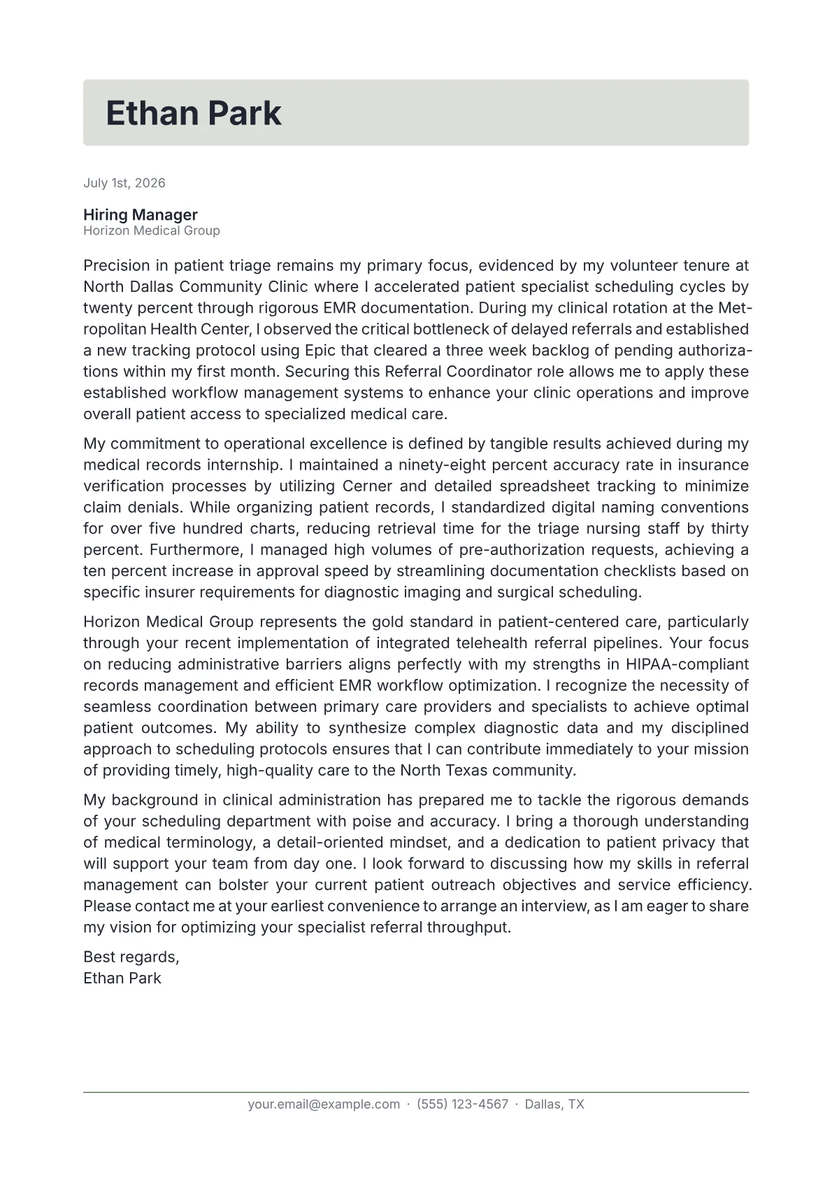 Referral Coordinator cover letter in the Letterhead design