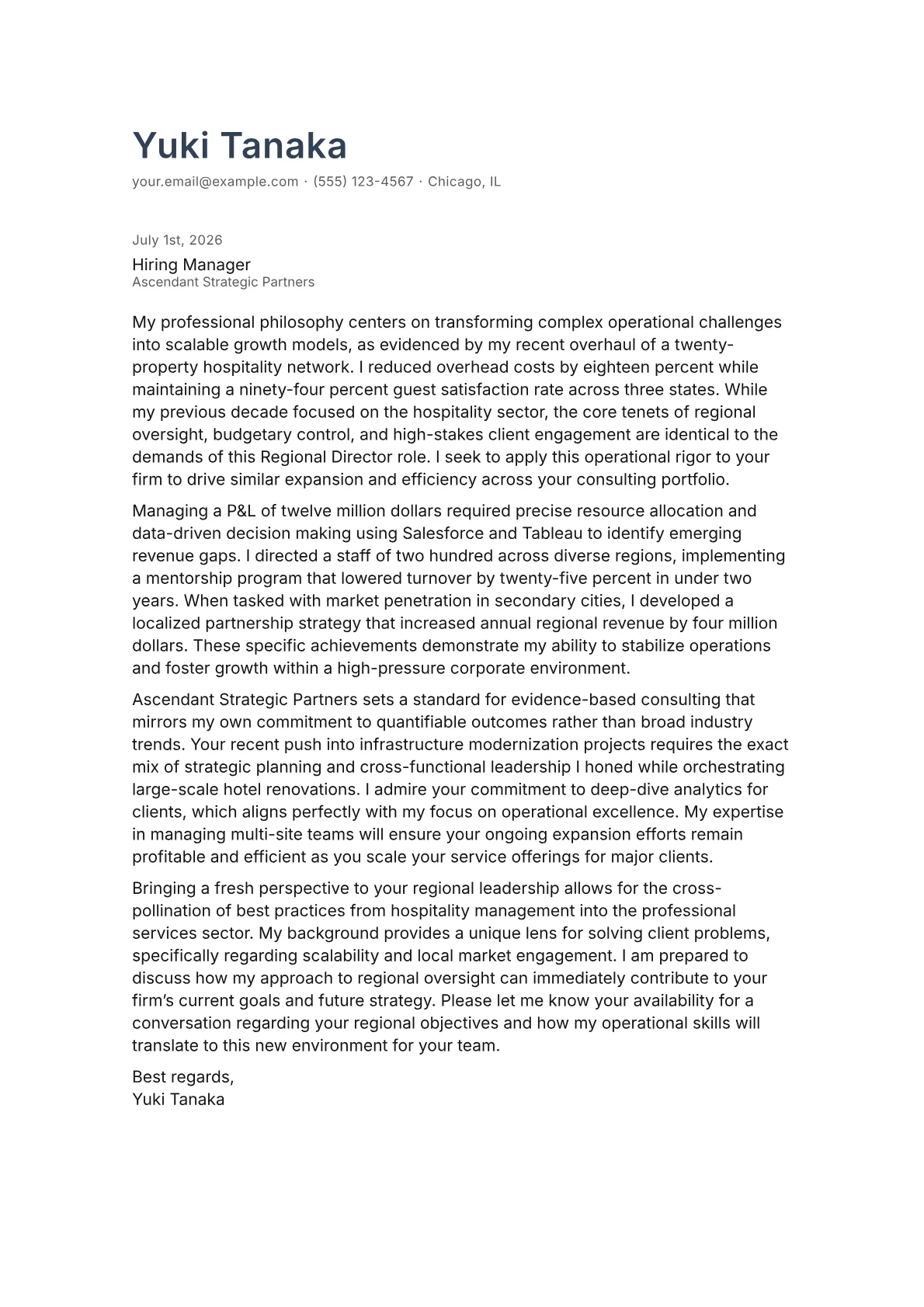 Regional Director cover letter in the Minimal design