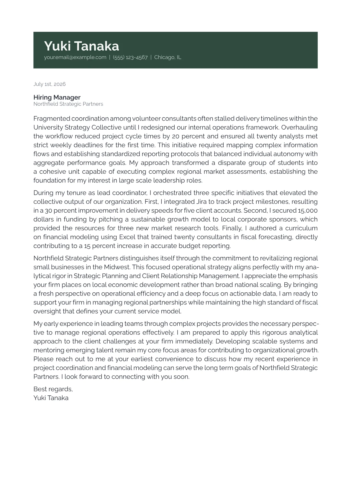 Regional Director cover letter in the Banner design