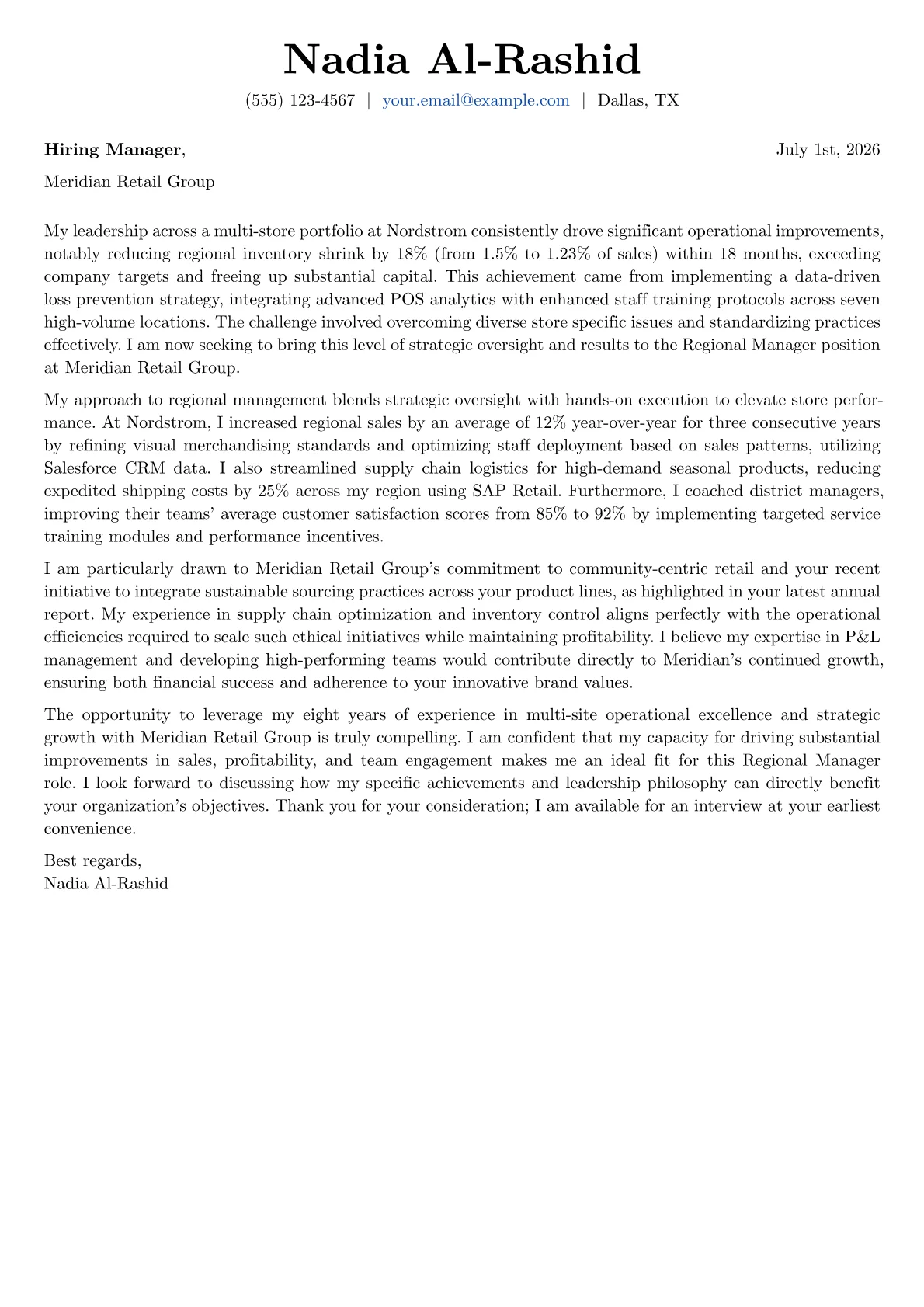 Regional Manager cover letter formatted with a JobSprout template