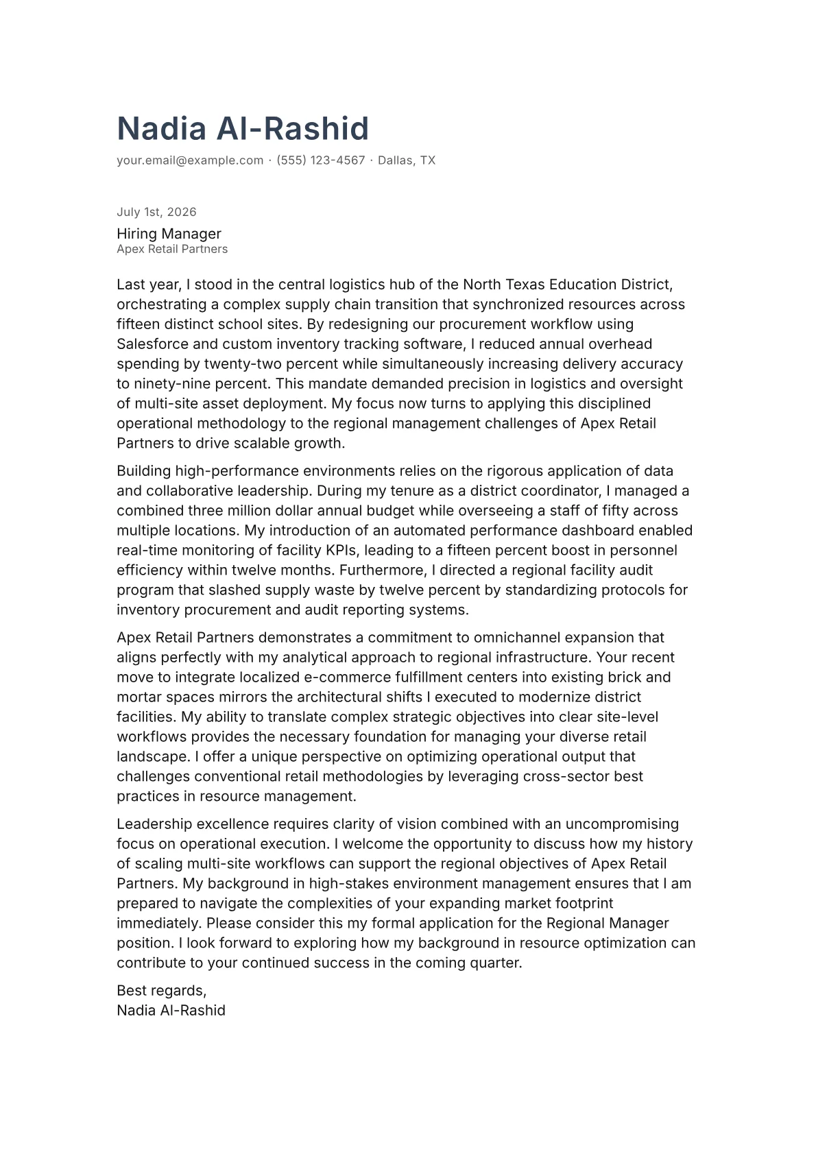 Regional Manager cover letter in the Minimal design