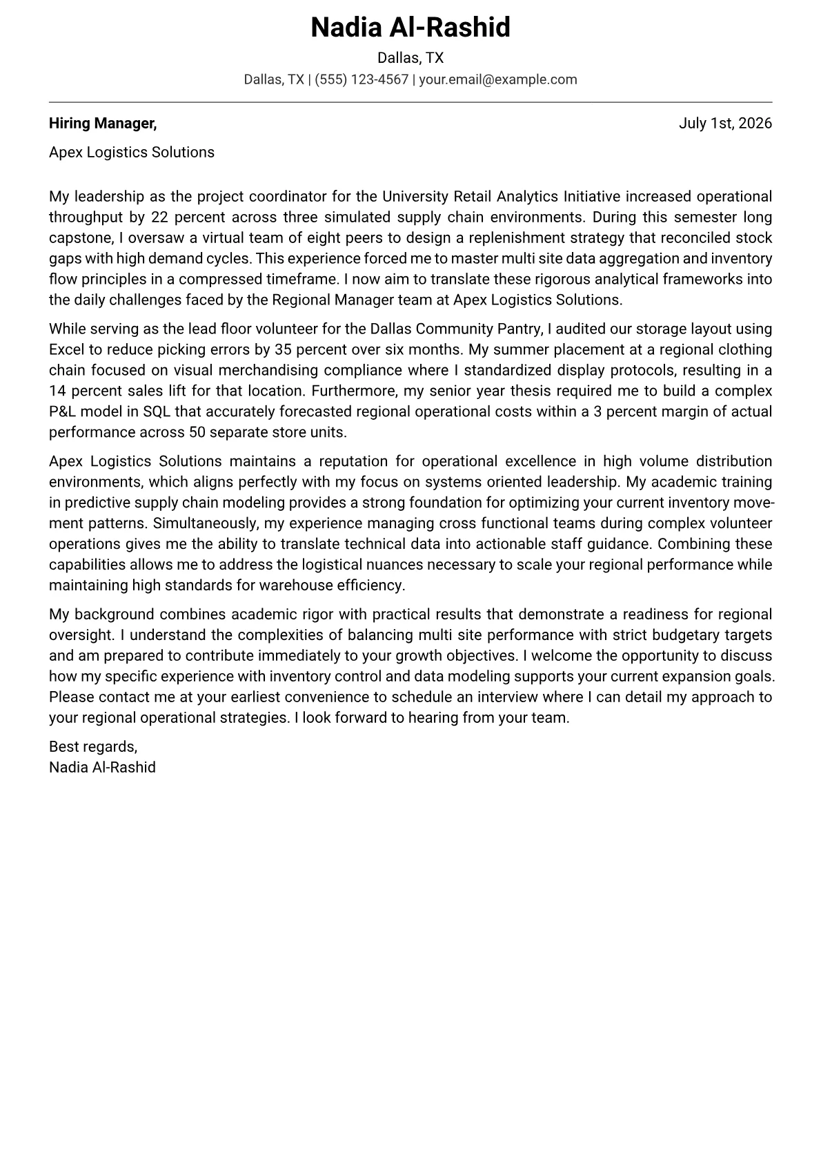 Regional Manager cover letter in the Modern design