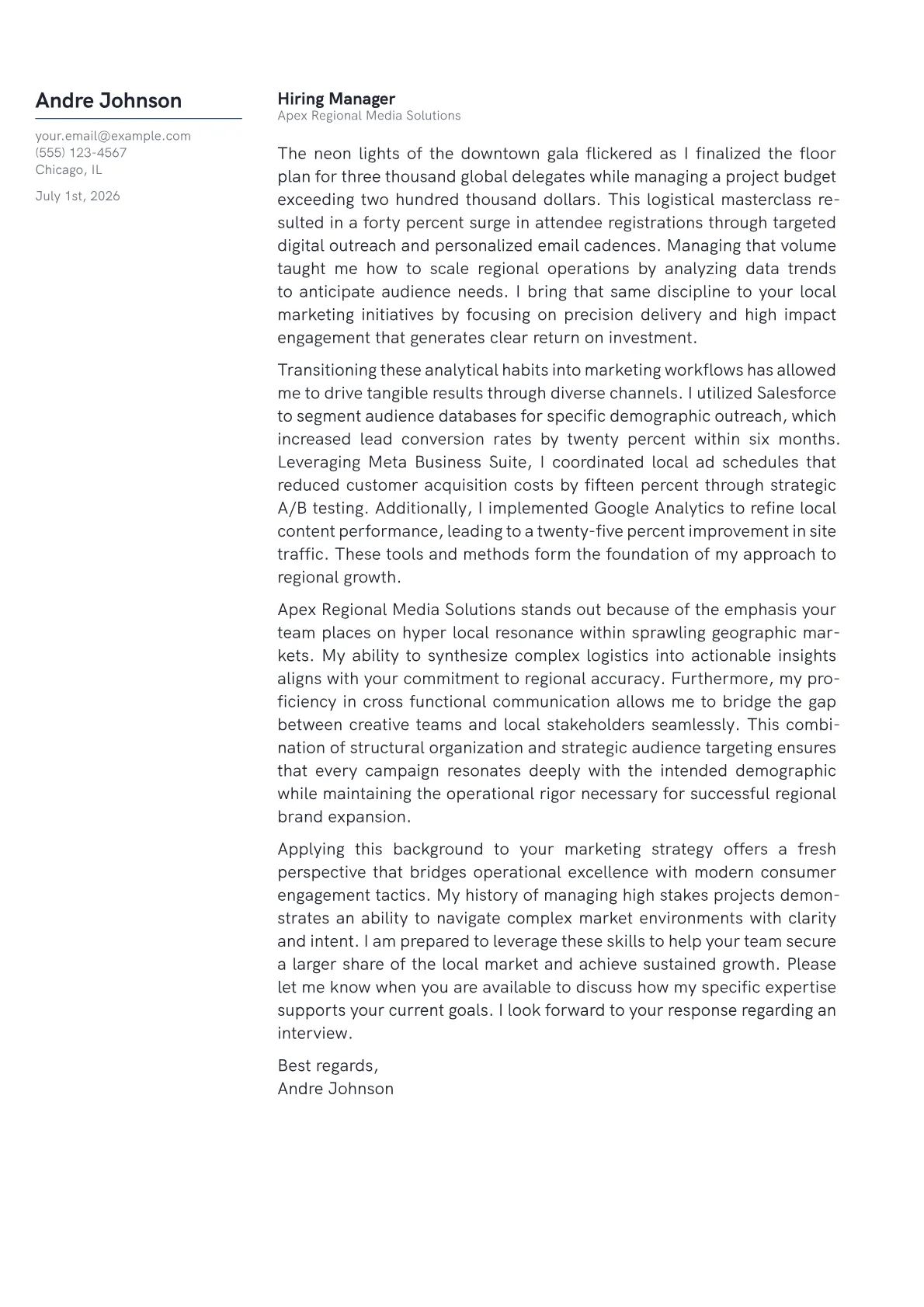 Regional Marketing Manager cover letter in the Margin design