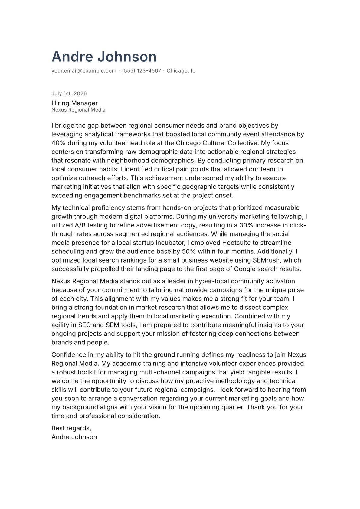 Regional Marketing Manager cover letter in the Minimal design