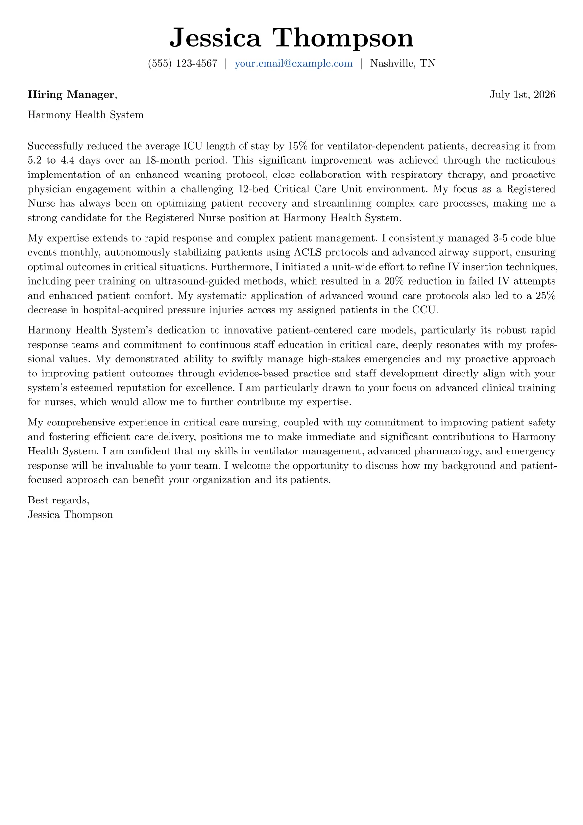 Registered Nurse cover letter formatted with a JobSprout template
