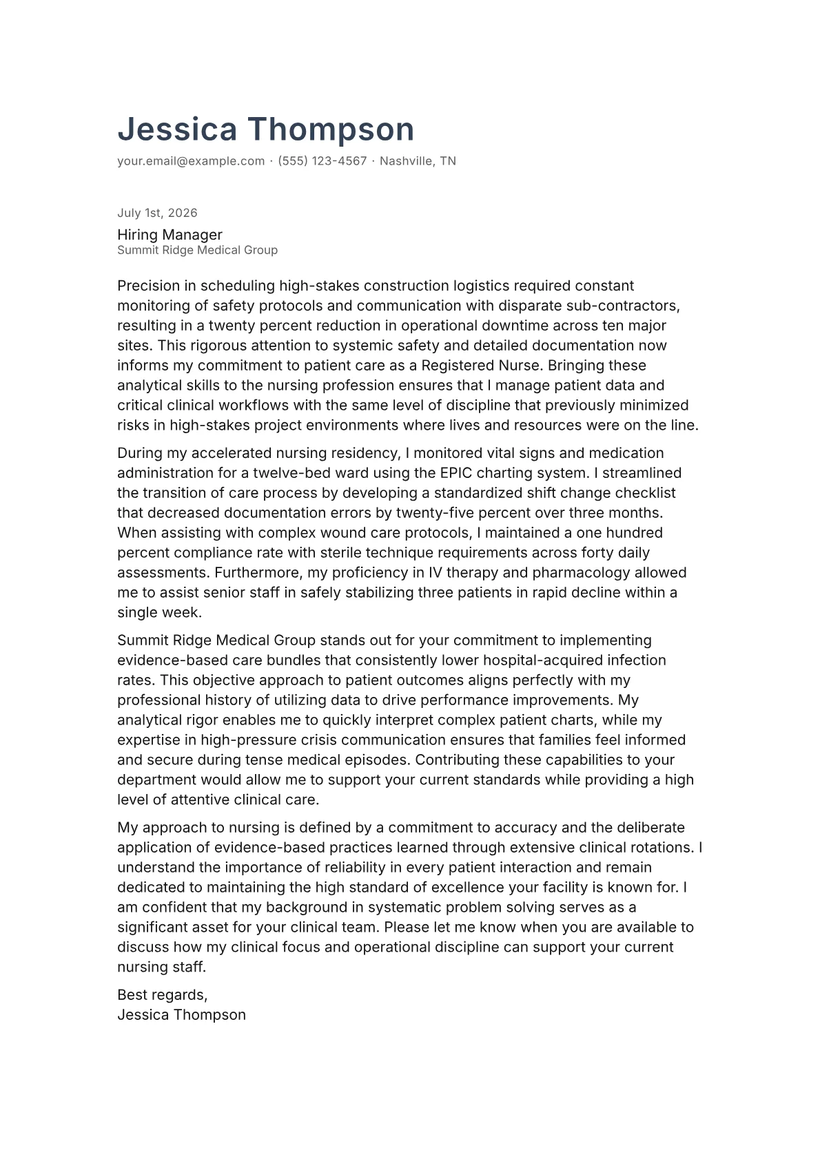 Registered Nurse cover letter in the Minimal design