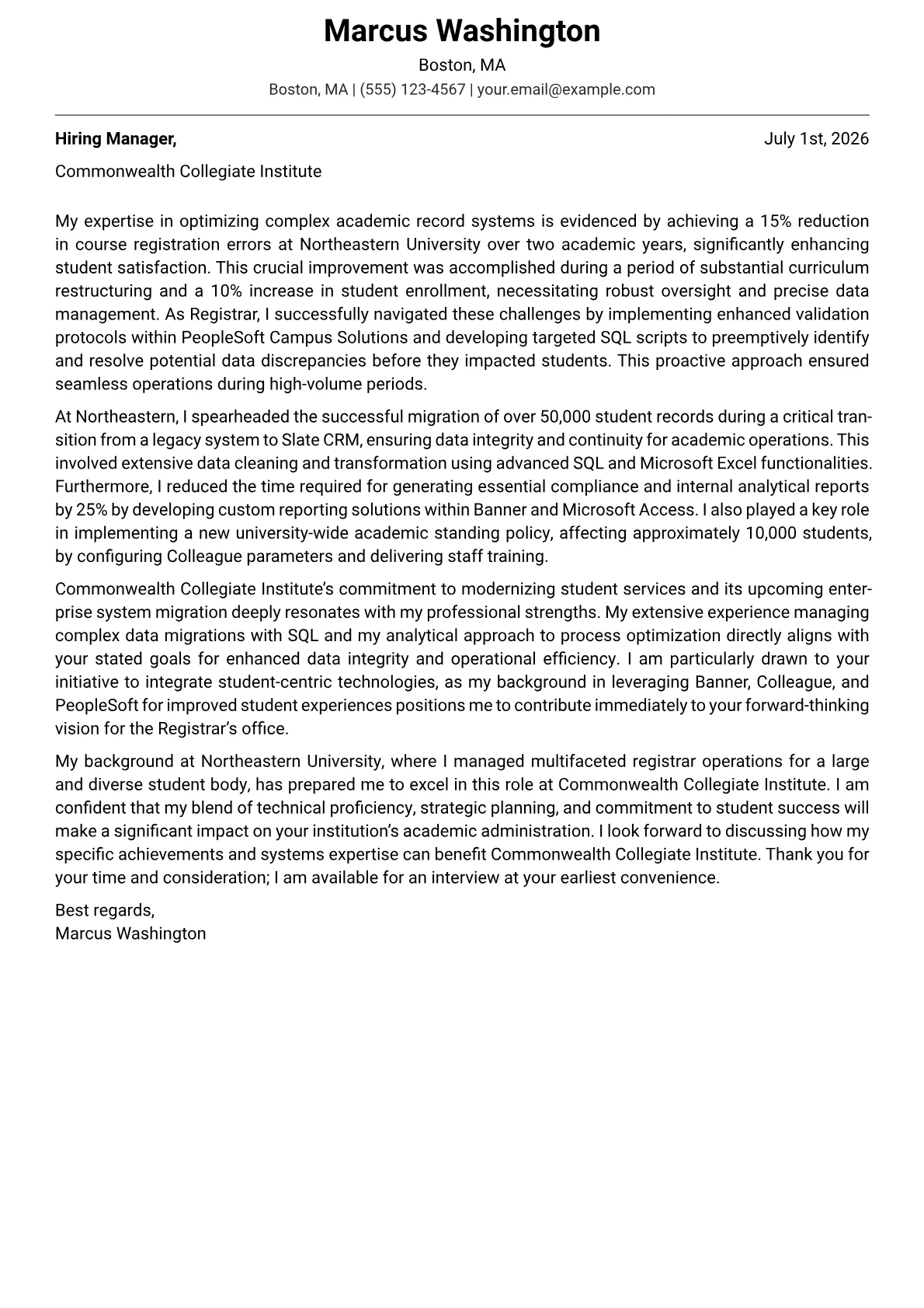 Registrar cover letter formatted with a JobSprout template