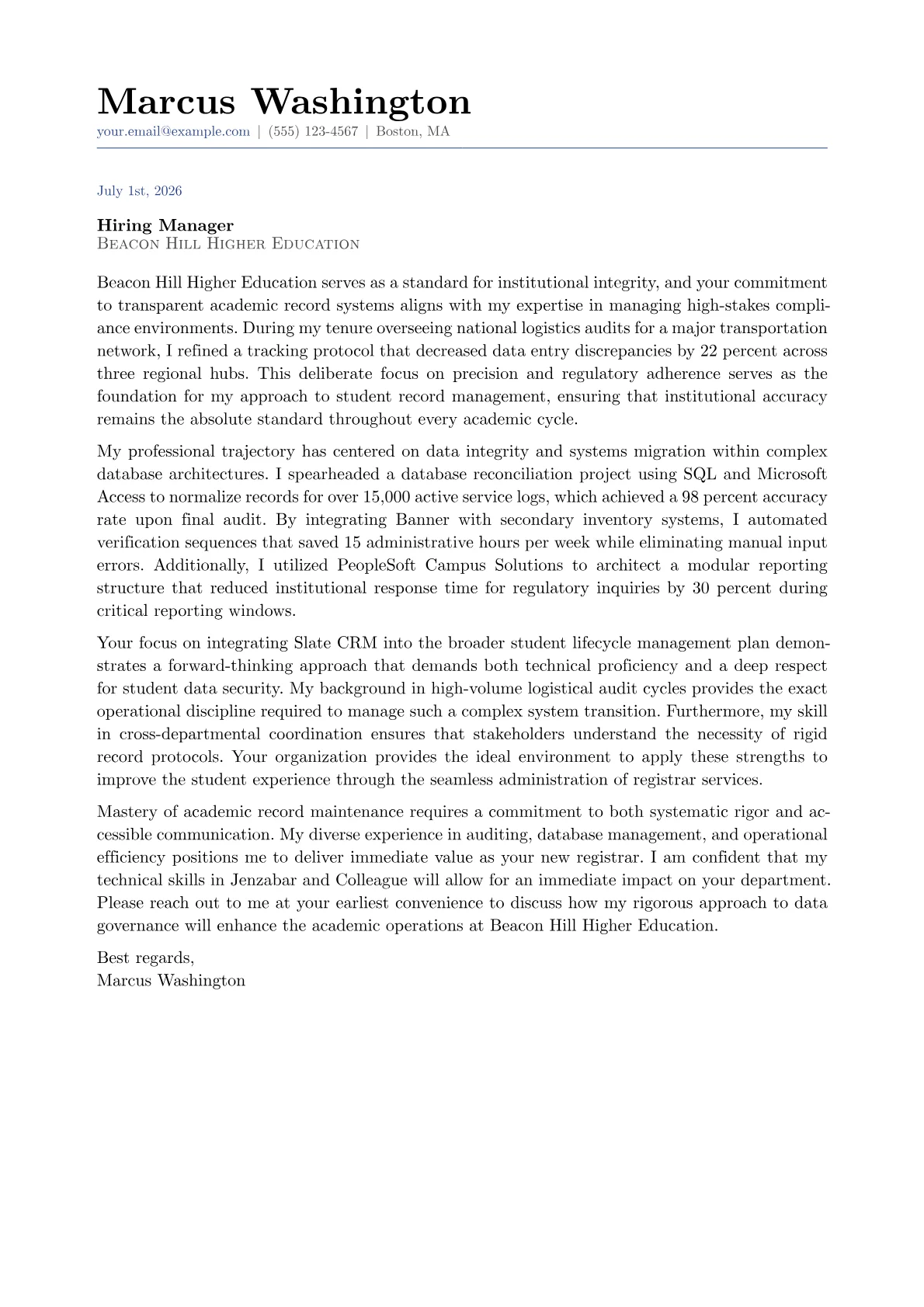 Registrar cover letter in the Classic design
