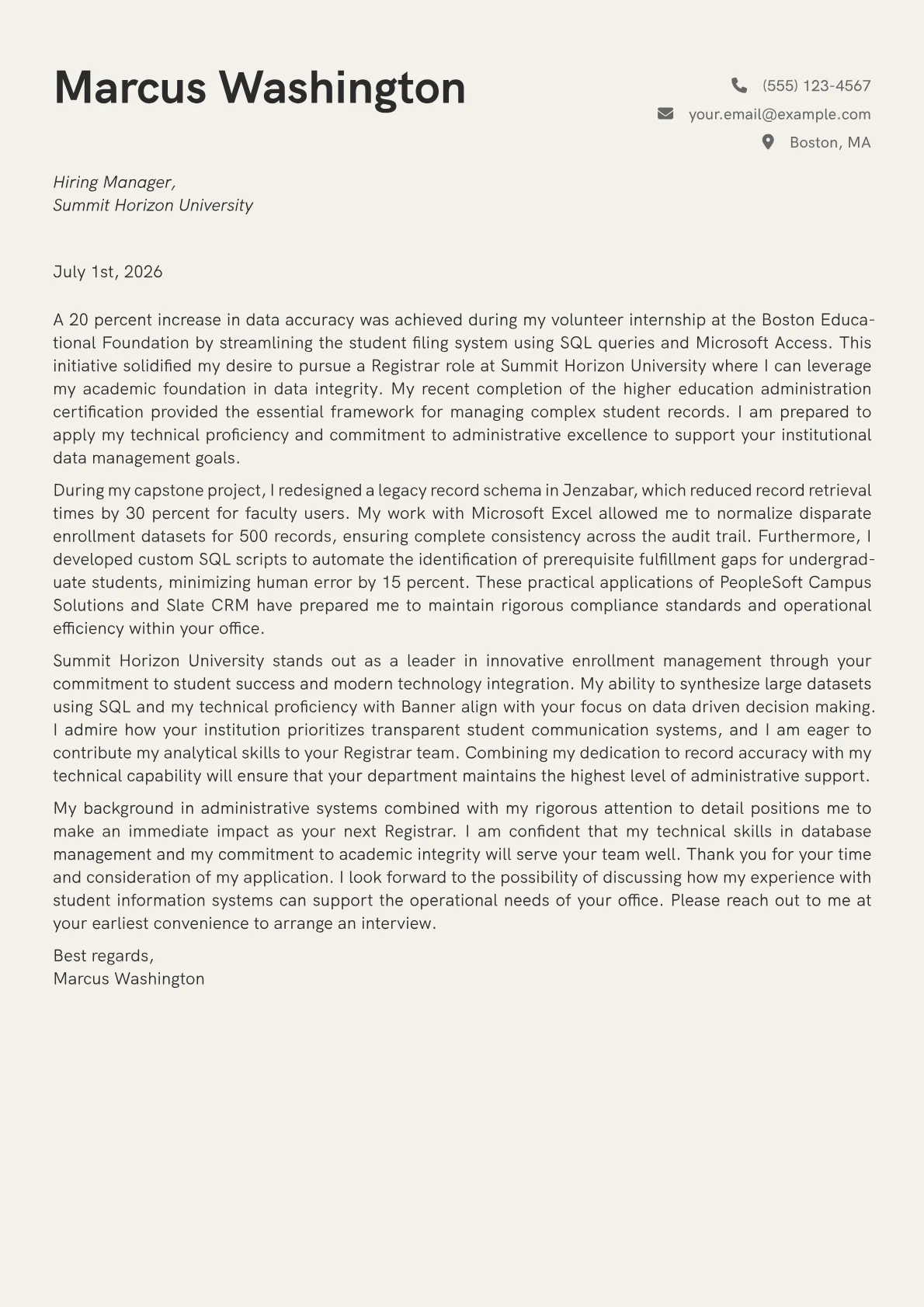 Registrar cover letter in the Creative design