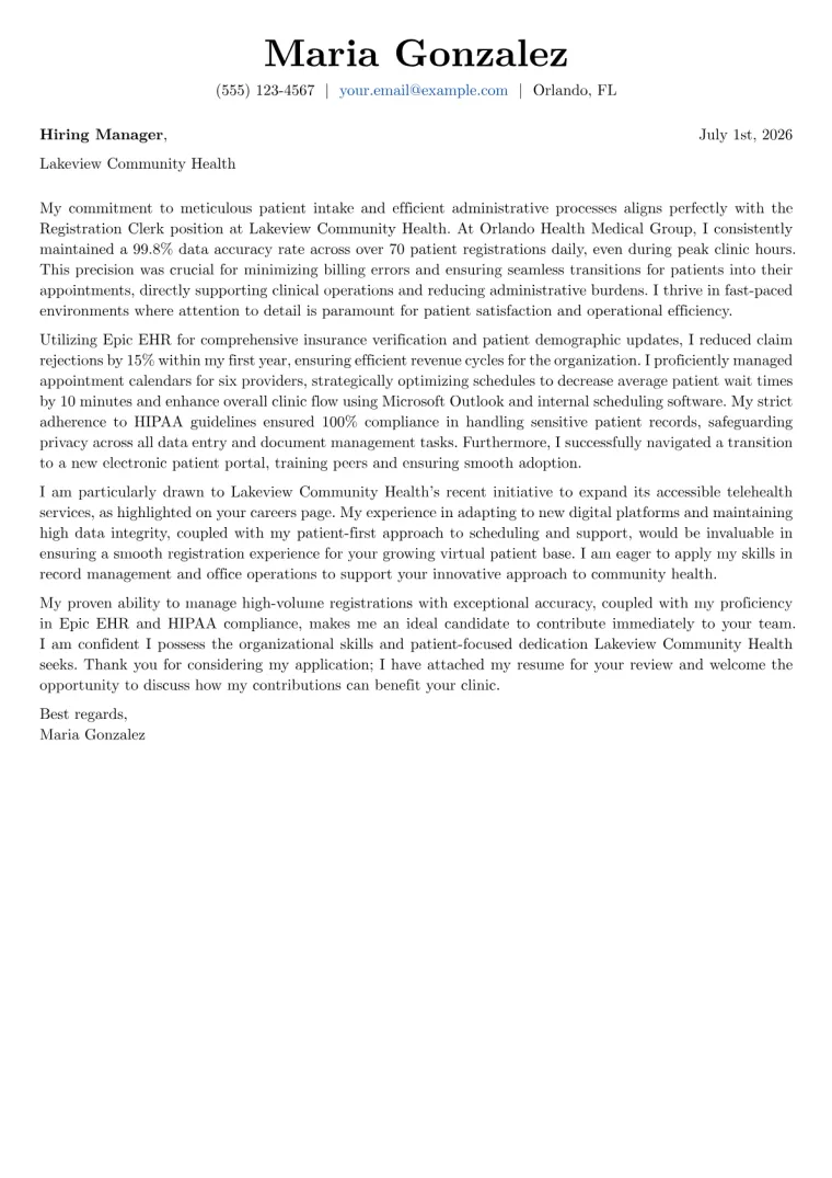 Registration Clerk Cover Letter Example