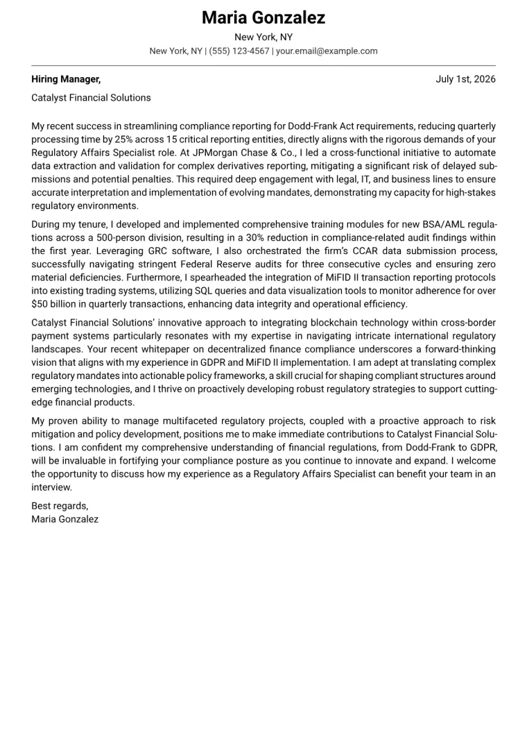 Regulatory Affairs Specialist cover letter example preview