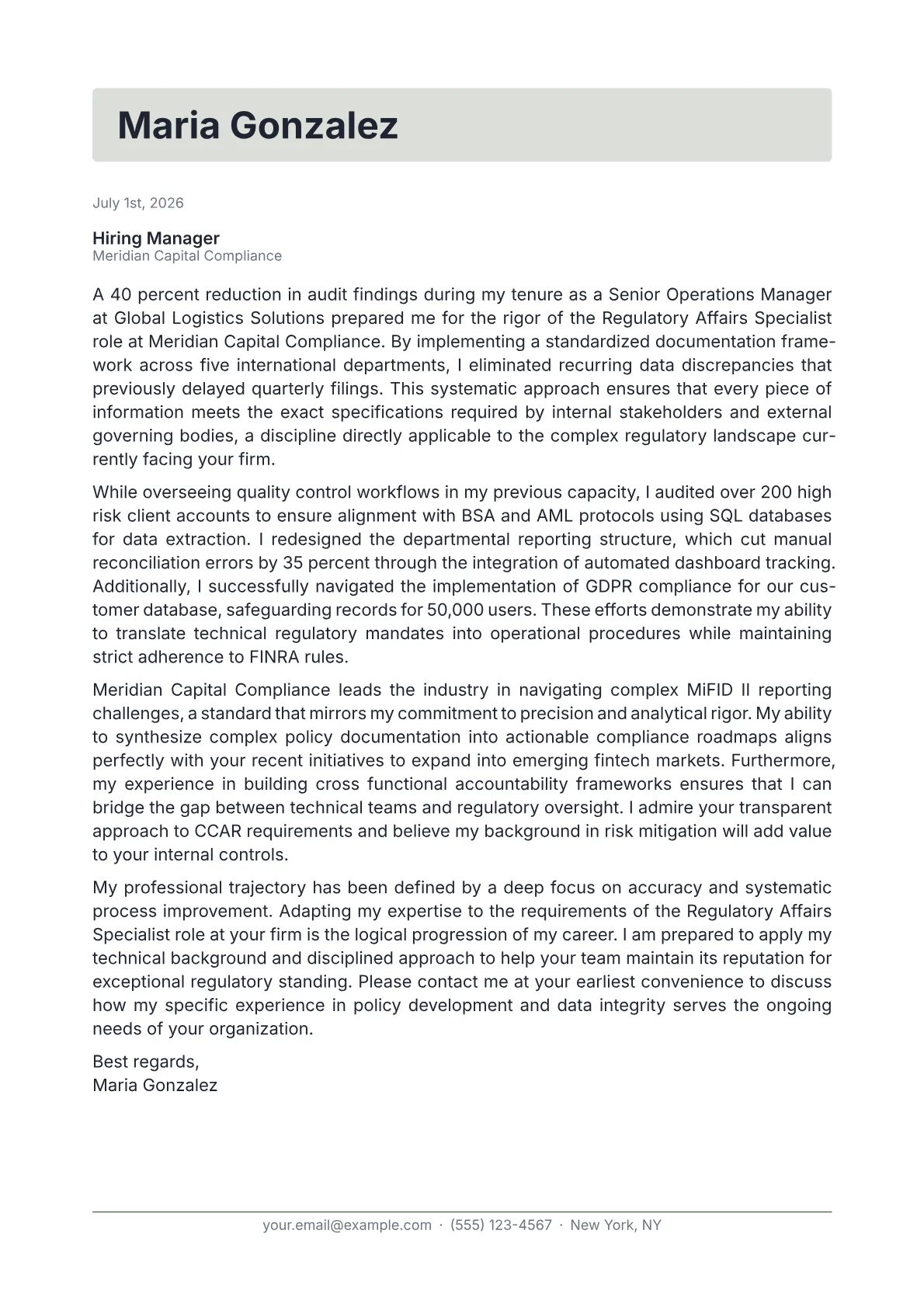 Regulatory Affairs Specialist cover letter in the Letterhead design