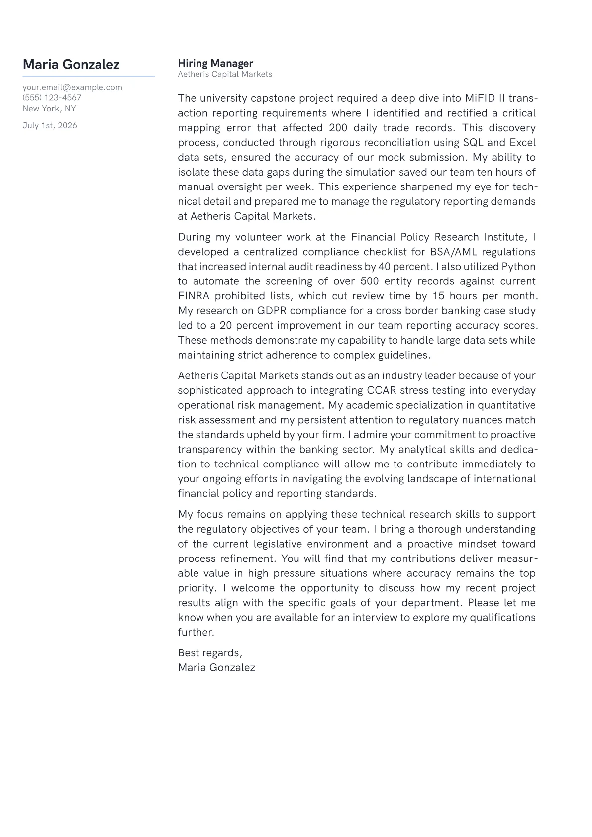Regulatory Affairs Specialist cover letter in the Margin design