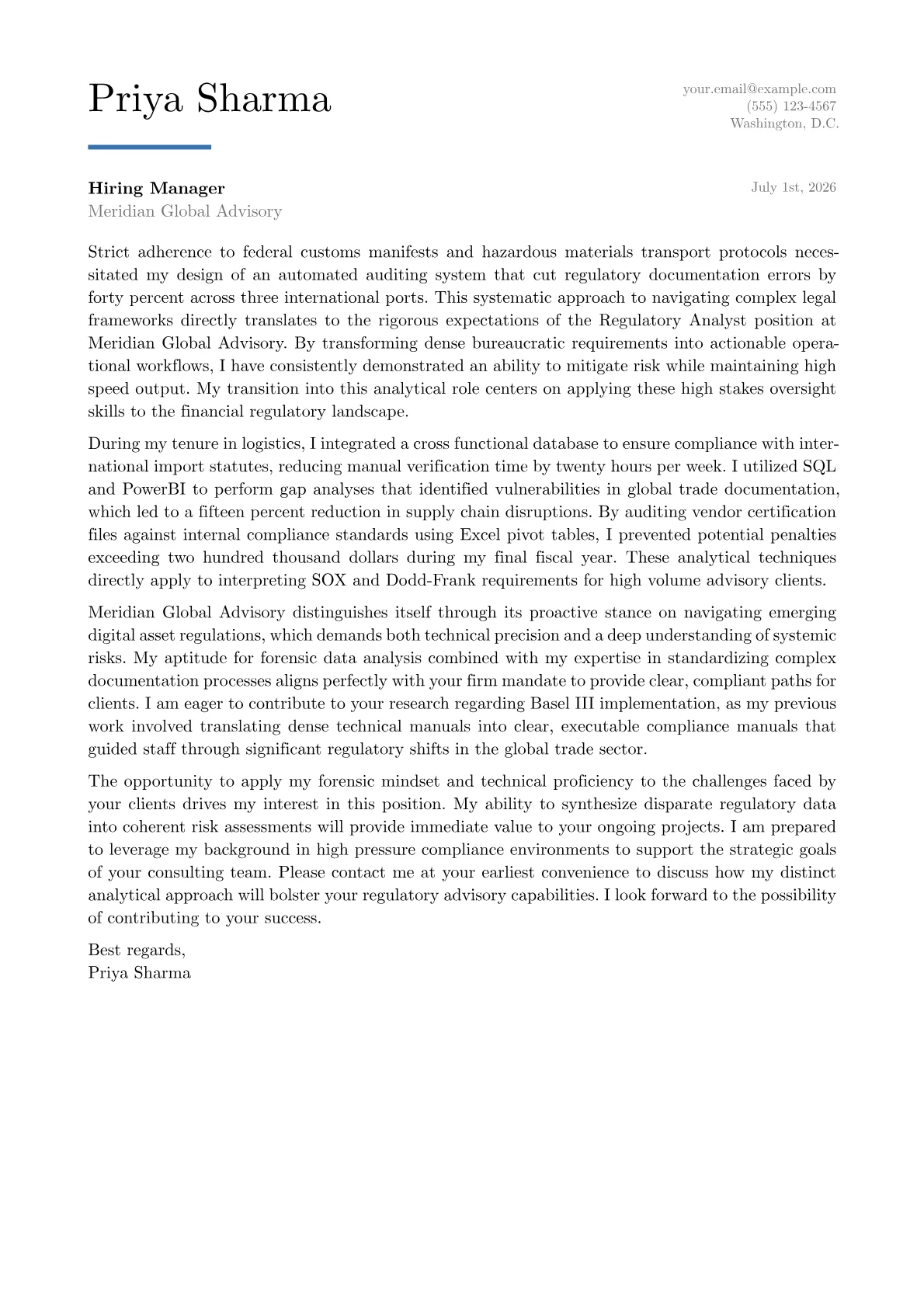 Regulatory Analyst cover letter in the Executive design