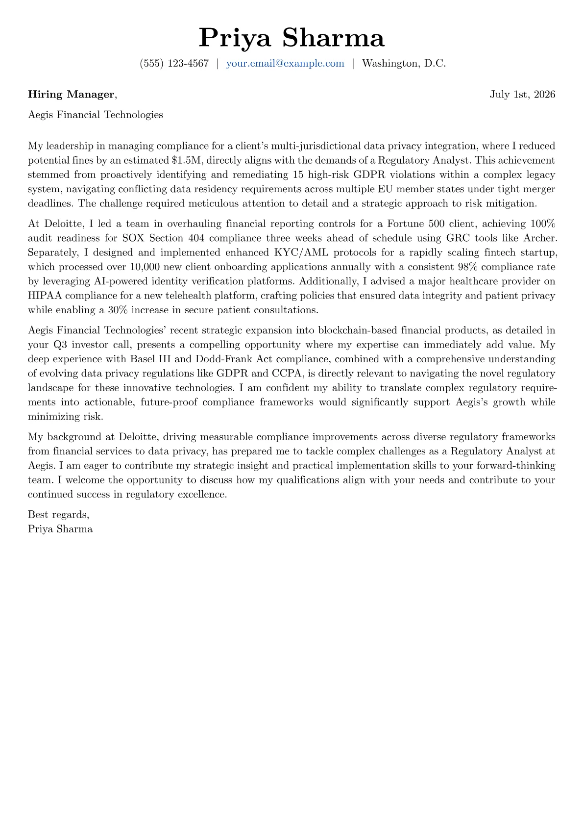 Regulatory Analyst cover letter formatted with a JobSprout template