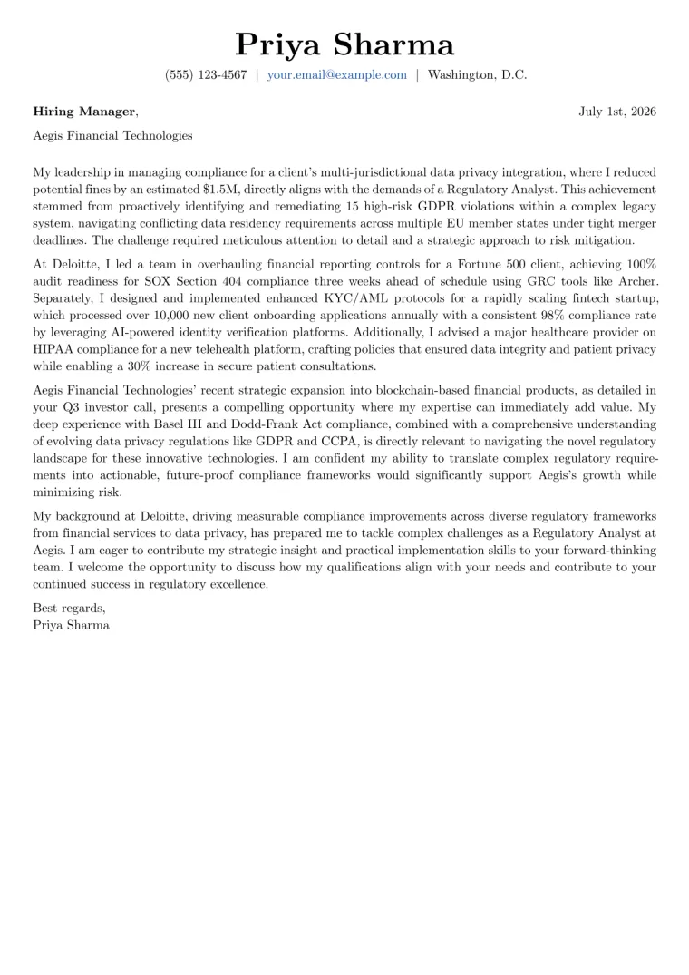 Regulatory Analyst Cover Letter Example