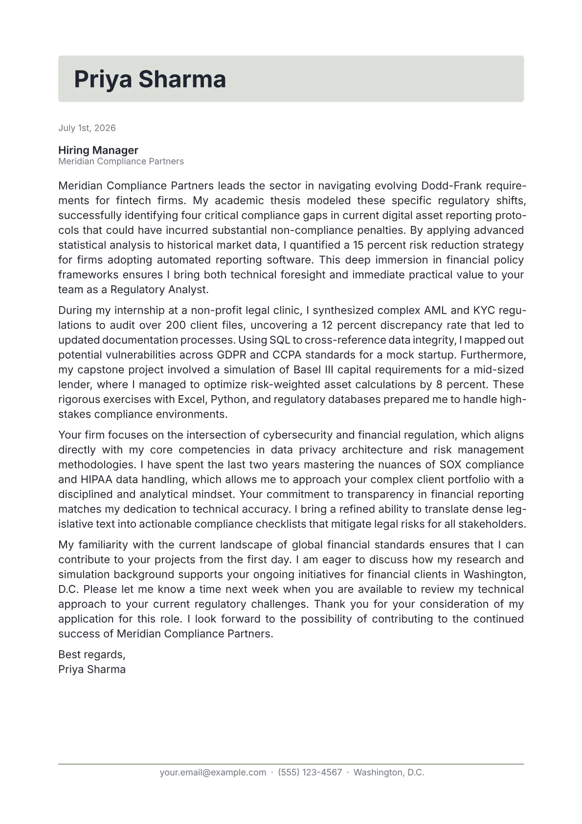 Regulatory Analyst cover letter in the Letterhead design