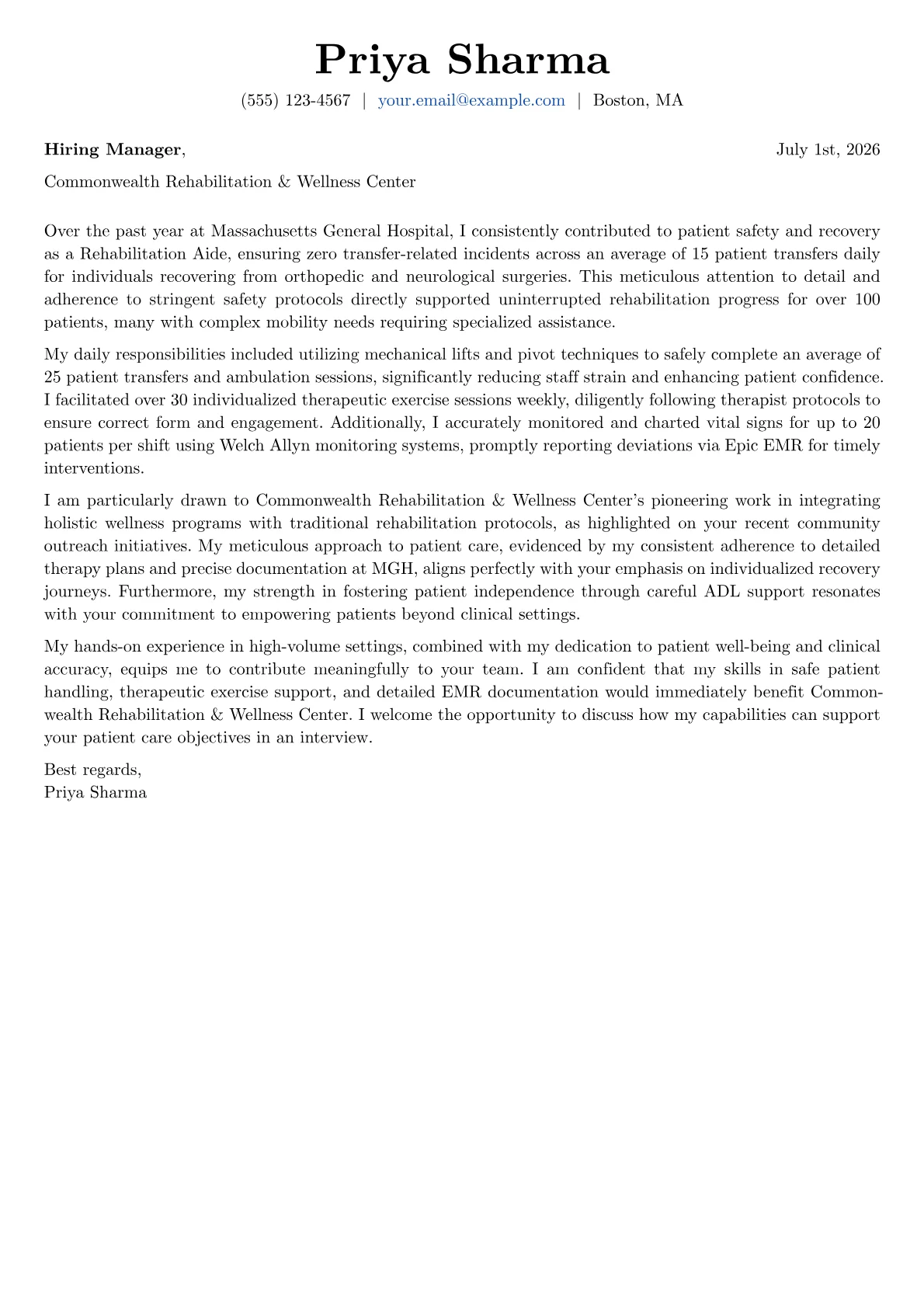 Rehabilitation Aide cover letter formatted with a JobSprout template