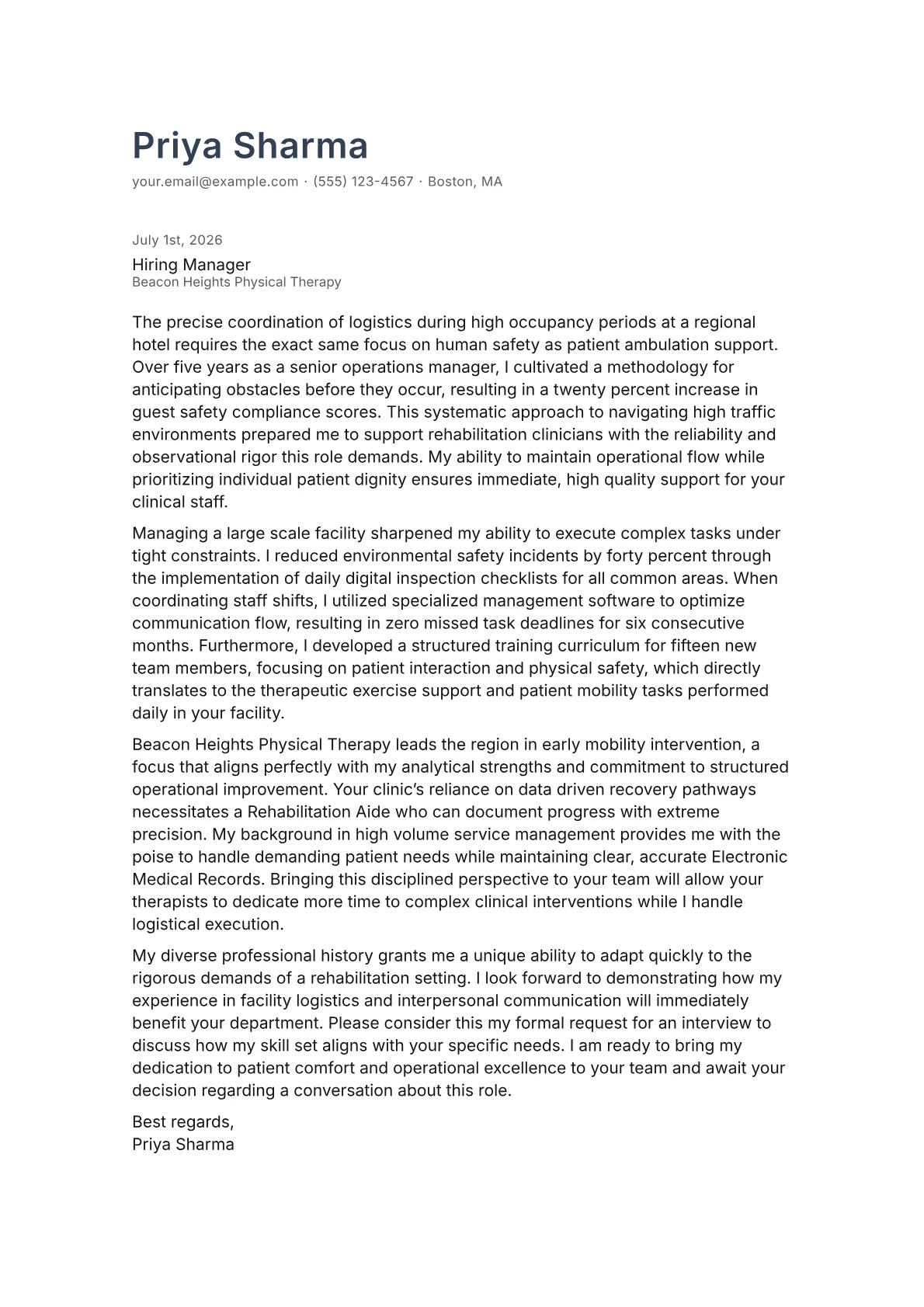 Rehabilitation Aide cover letter in the Minimal design