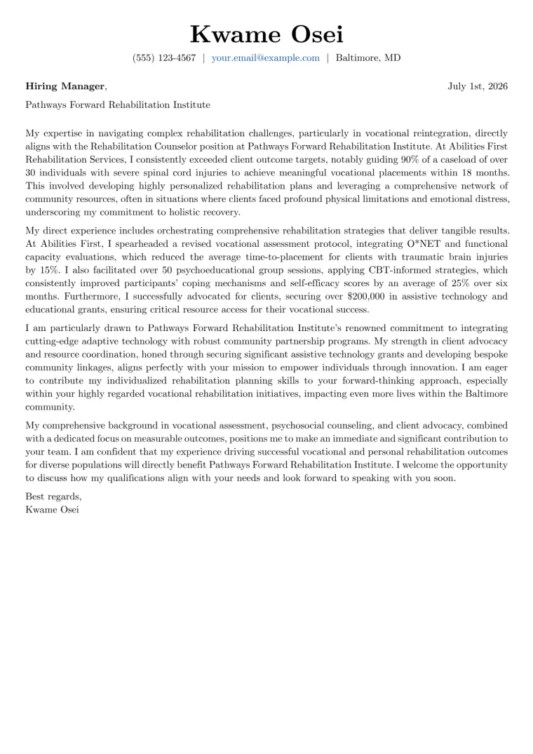 Rehabilitation Counselor cover letter example preview