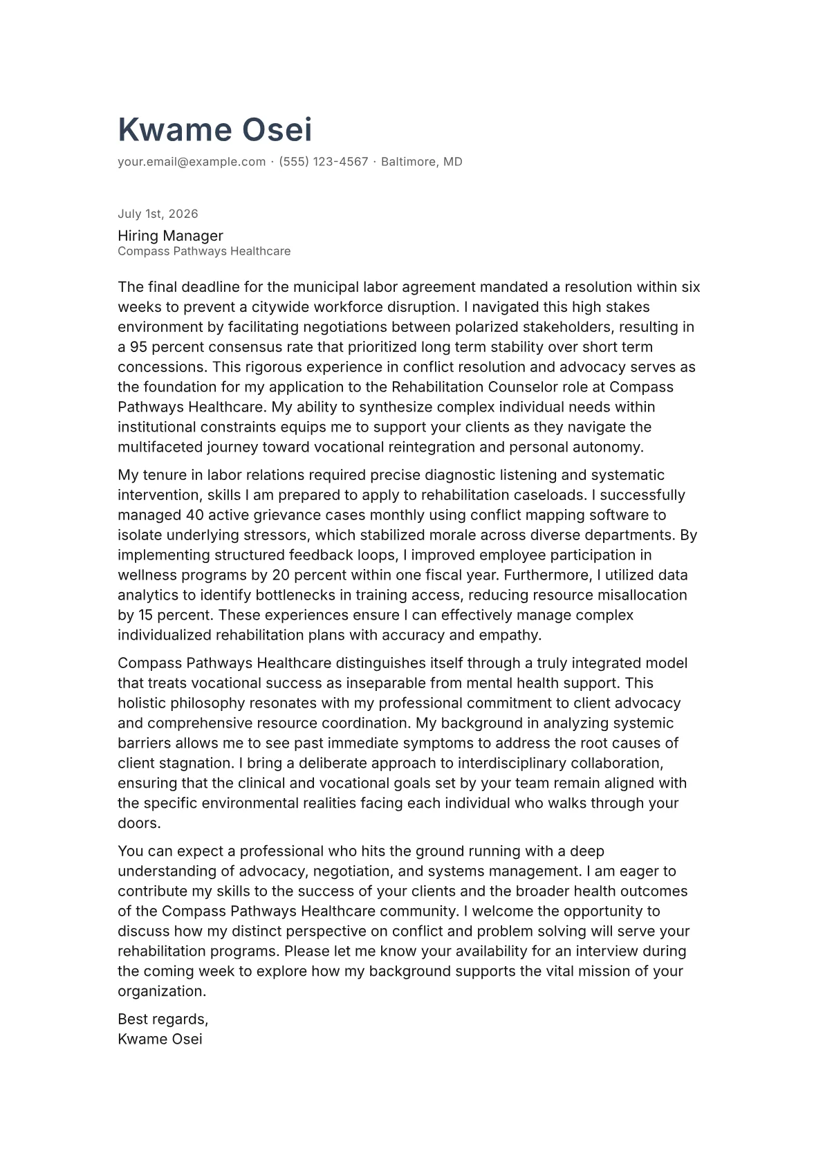 Rehabilitation Counselor cover letter in the Minimal design