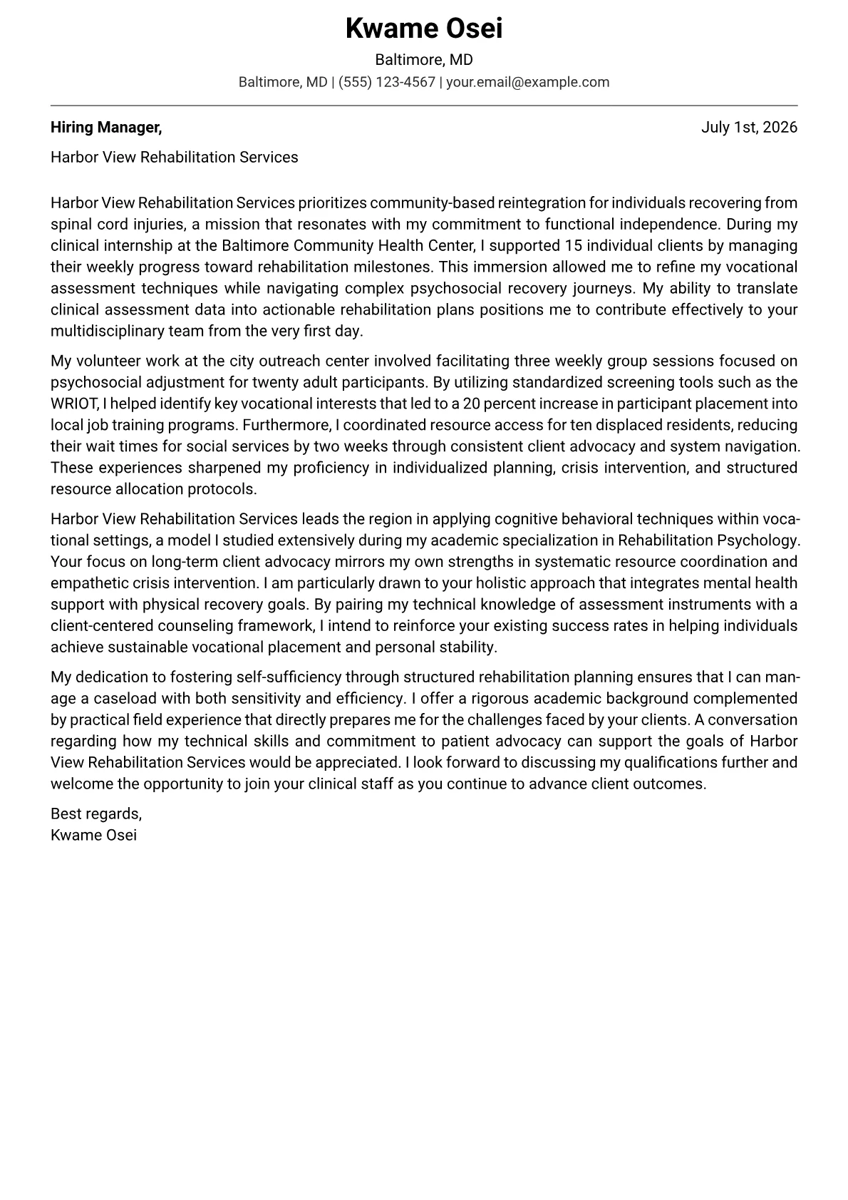 Rehabilitation Counselor cover letter in the Modern design