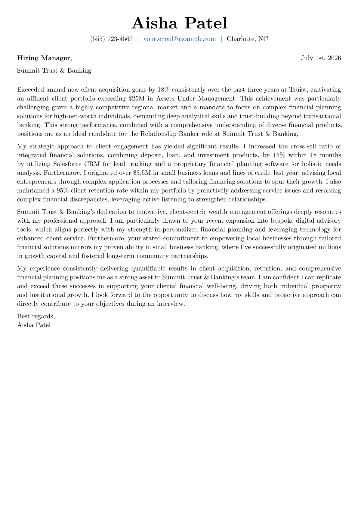 Relationship Banker cover letter formatted with a JobSprout template