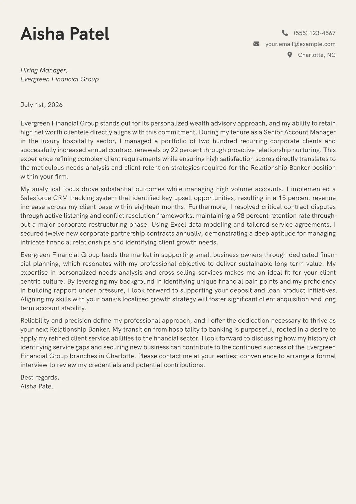 Relationship Banker cover letter in the Creative design