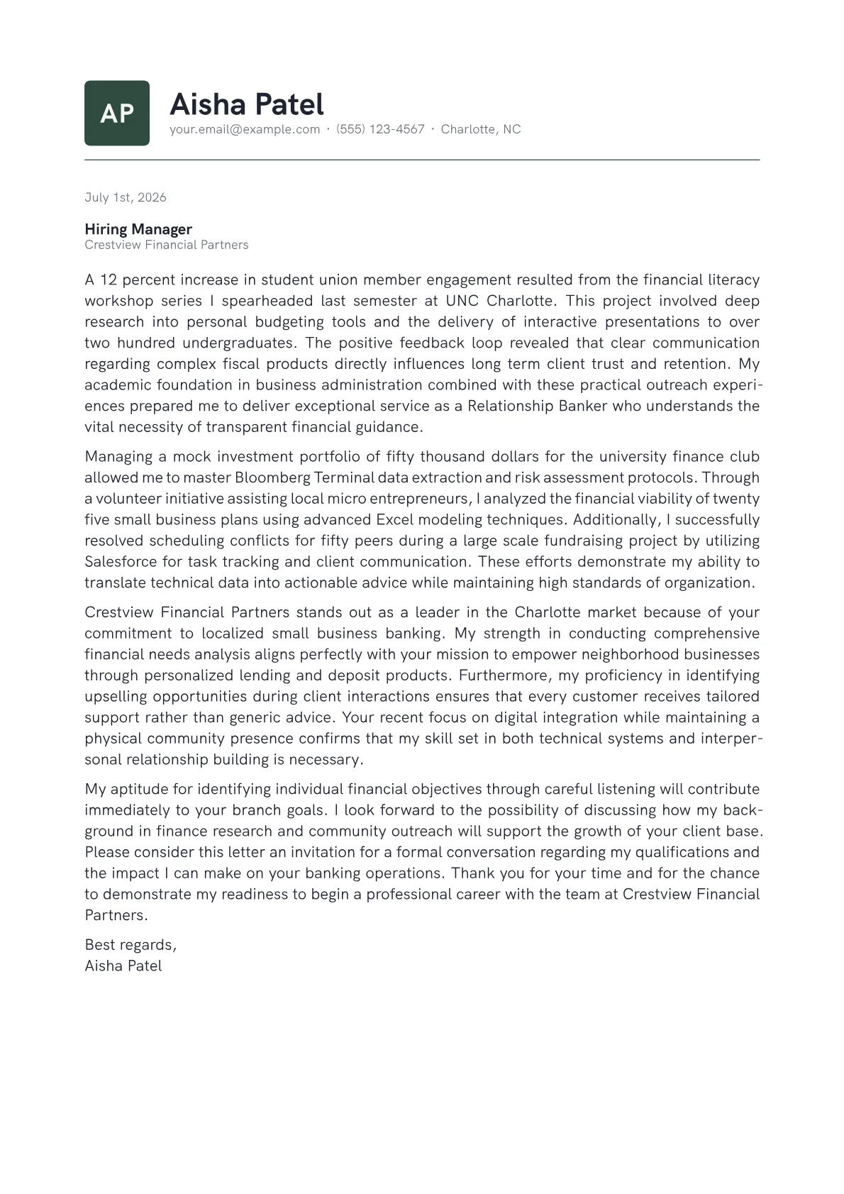 Relationship Banker cover letter in the Emblem design