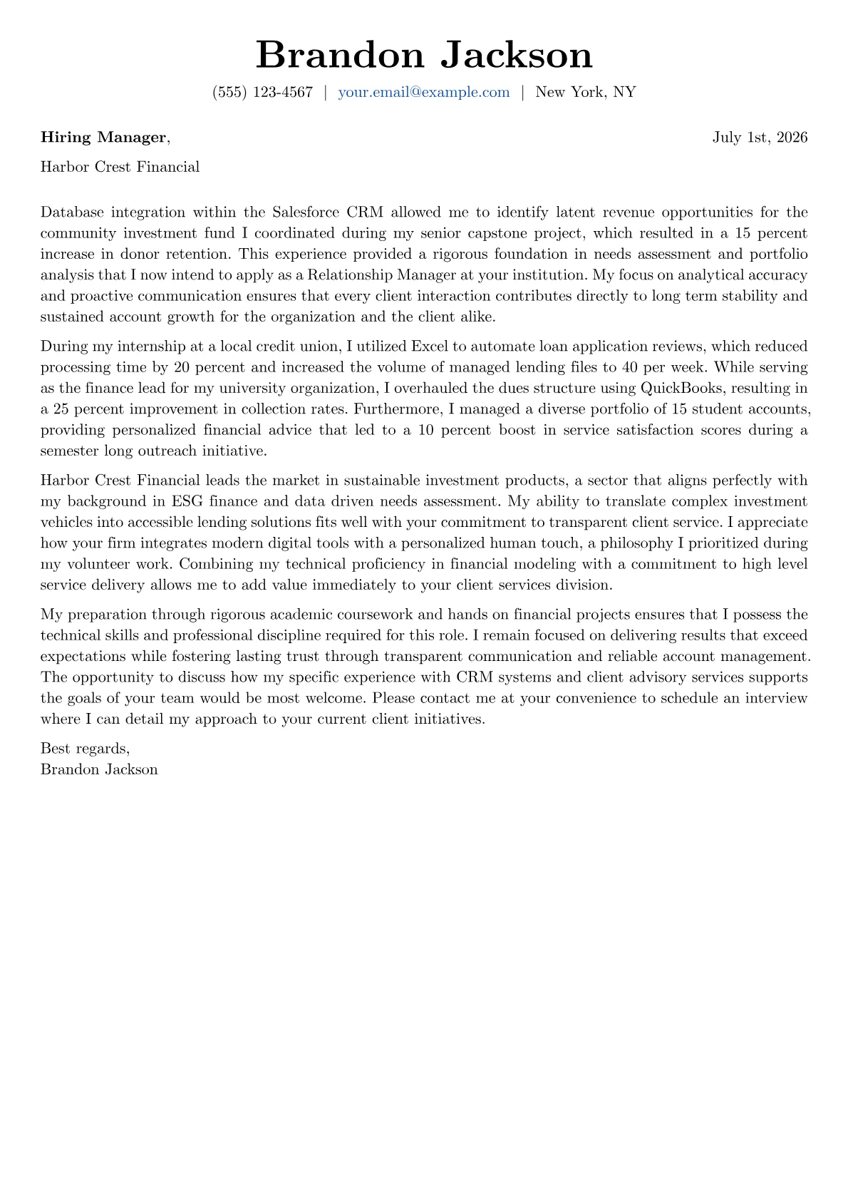 Relationship Manager cover letter in the Basic design
