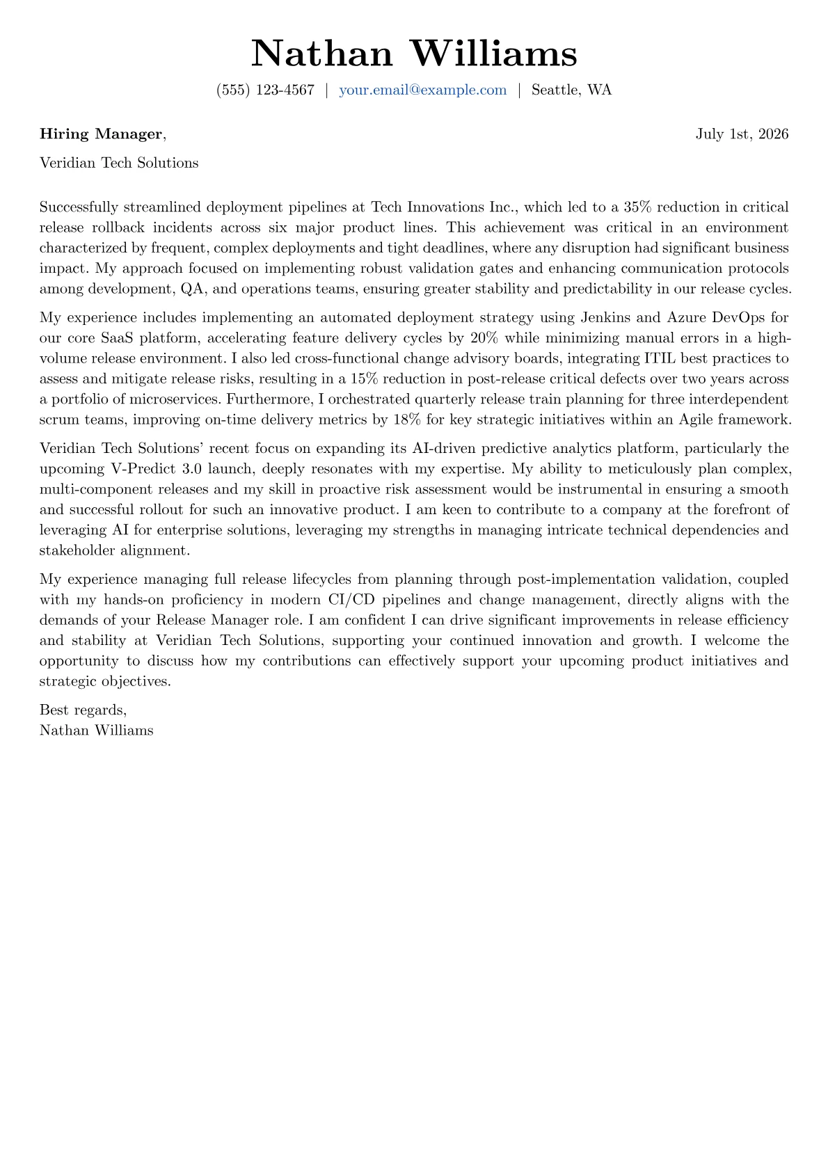 Release Manager cover letter formatted with a JobSprout template