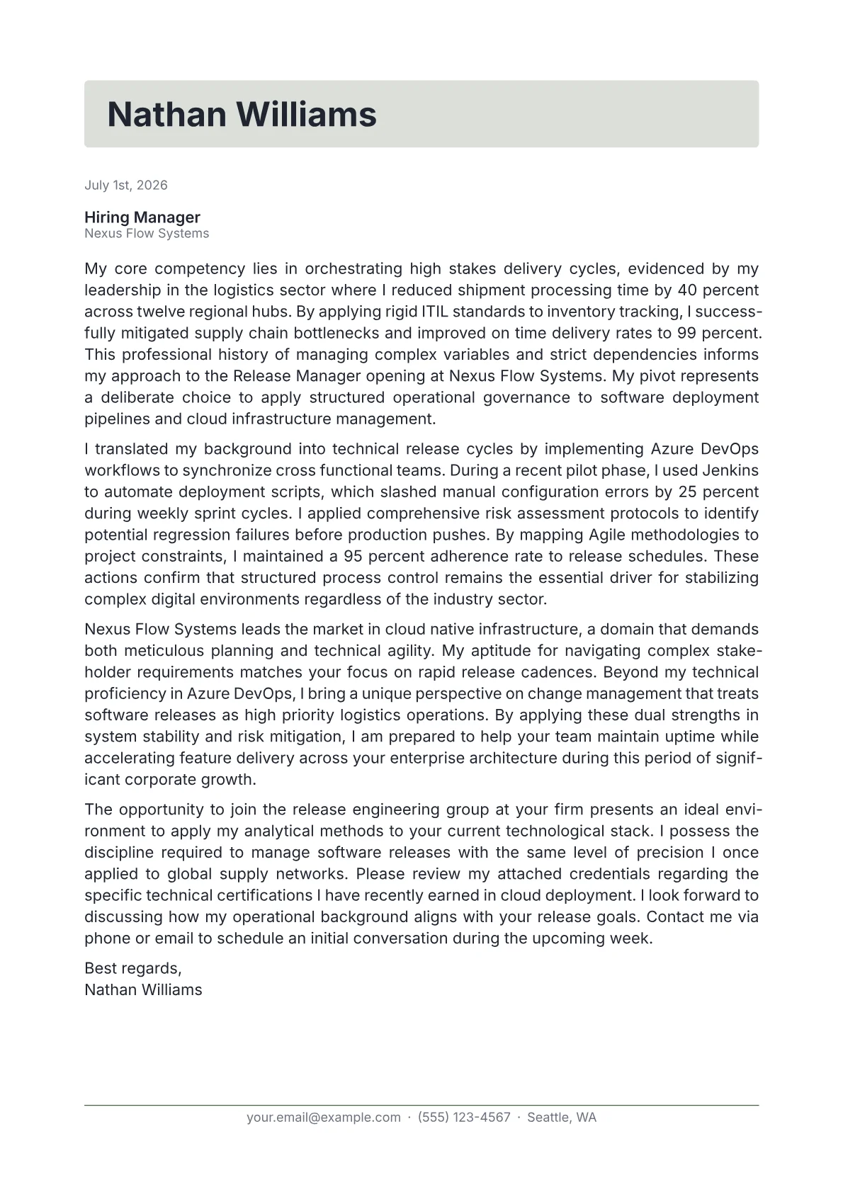 Release Manager cover letter in the Letterhead design