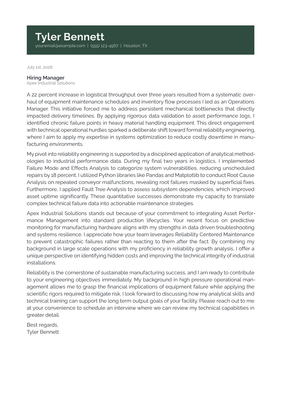 Reliability Engineer cover letter in the Banner design