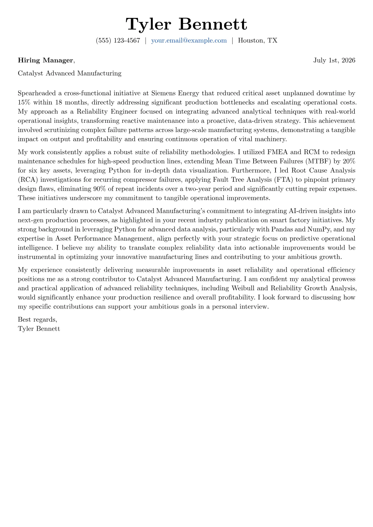 Reliability Engineer cover letter formatted with a JobSprout template