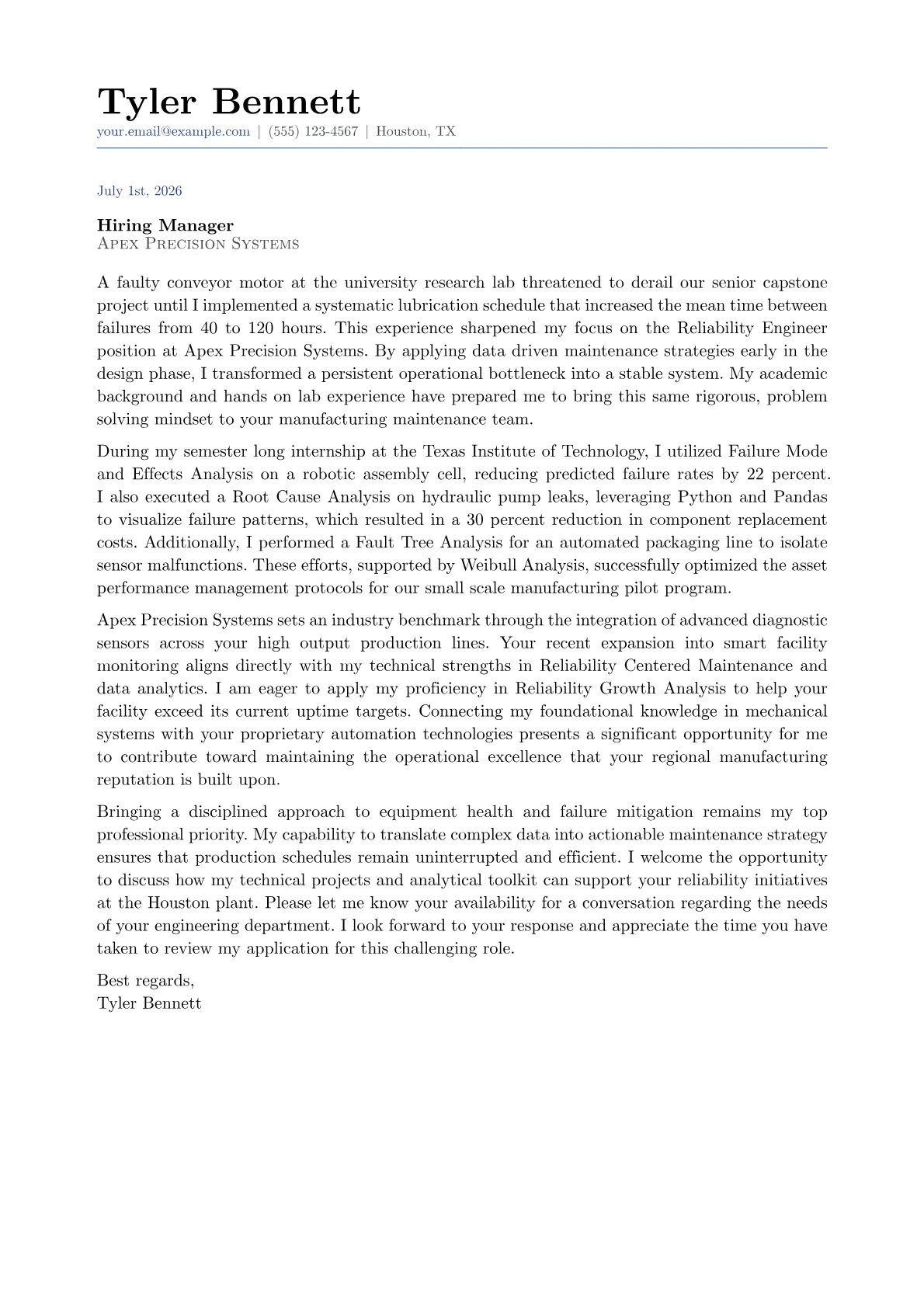 Reliability Engineer cover letter in the Classic design