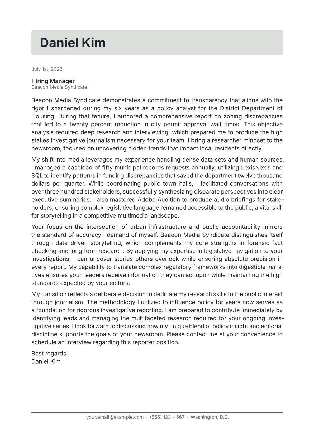 Reporter cover letter in the Letterhead design
