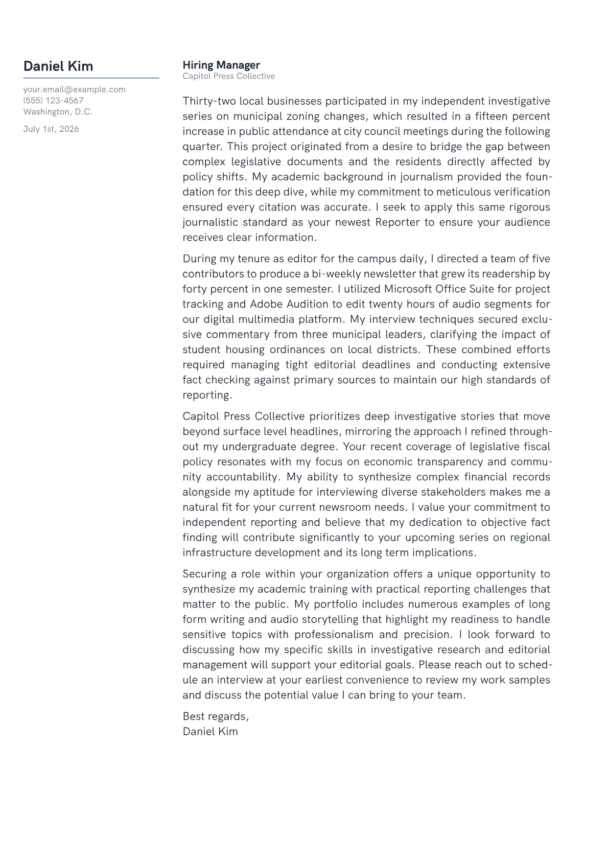 Reporter cover letter in the Margin design