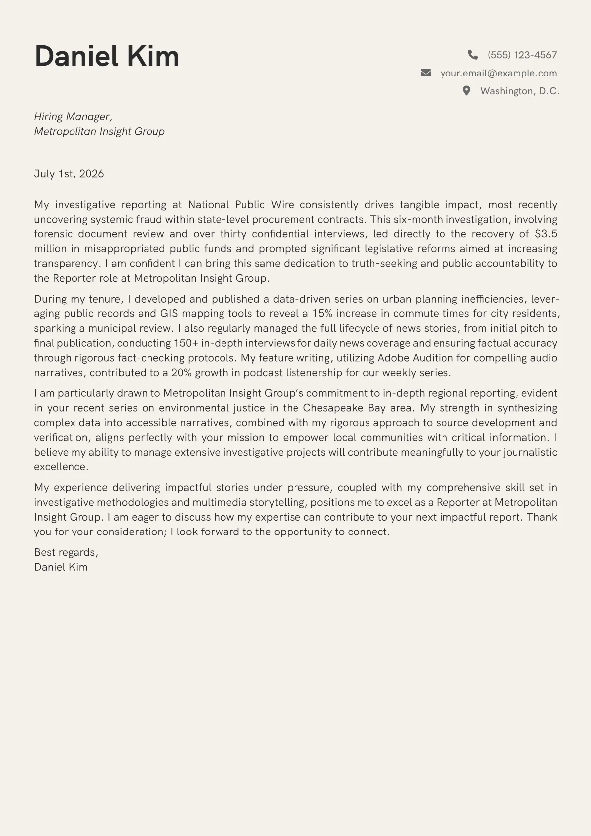 Reporter cover letter formatted with a JobSprout template