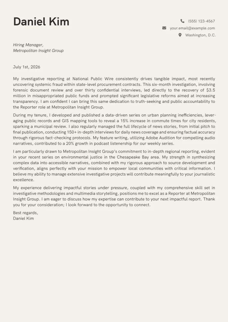 Reporter Cover Letter Example