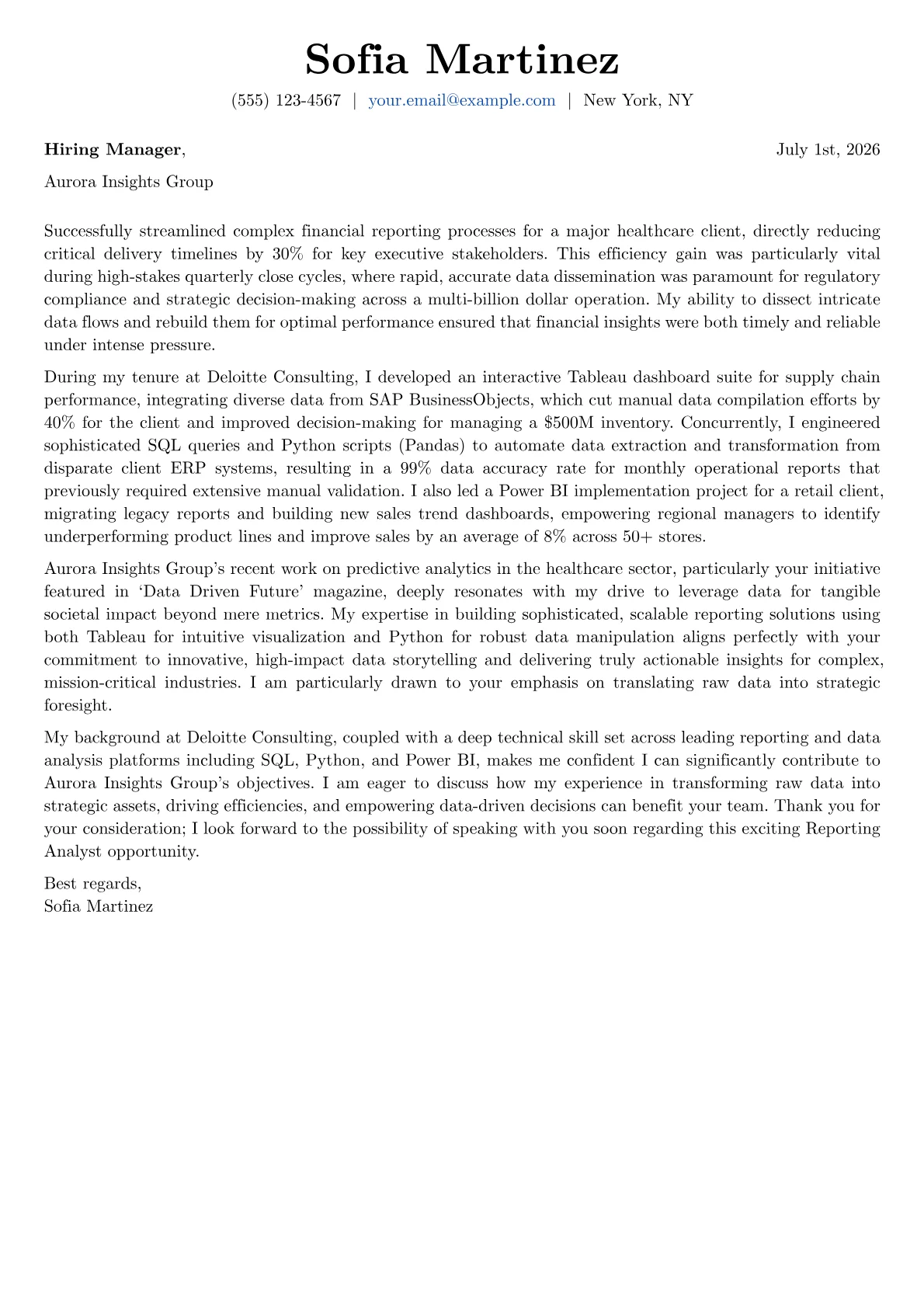 Reporting Analyst cover letter formatted with a JobSprout template