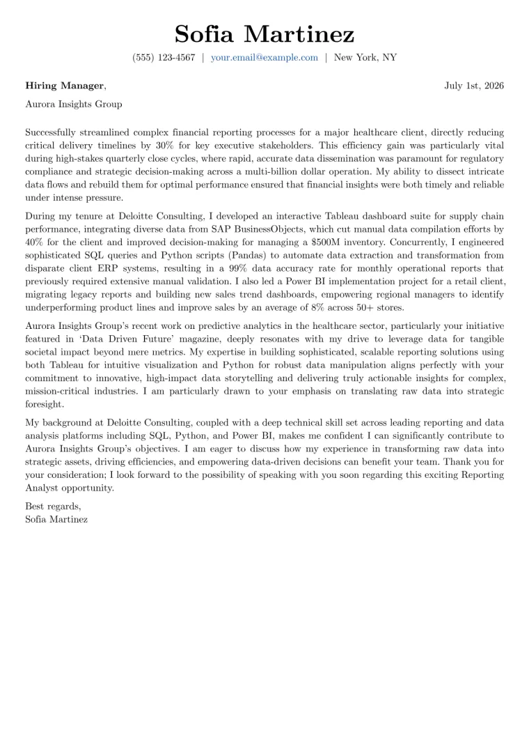 Reporting Analyst cover letter example preview