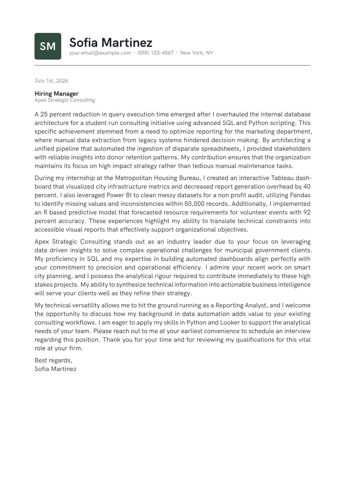 Reporting Analyst cover letter in the Emblem design
