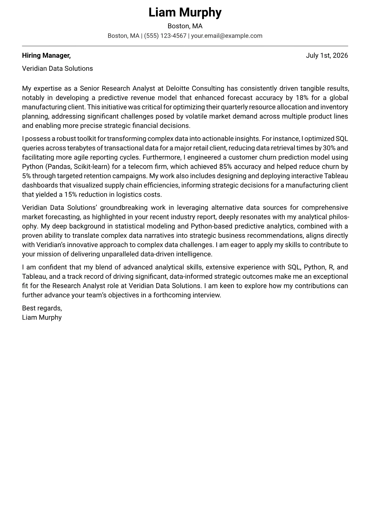 Research Analyst cover letter formatted with a JobSprout template