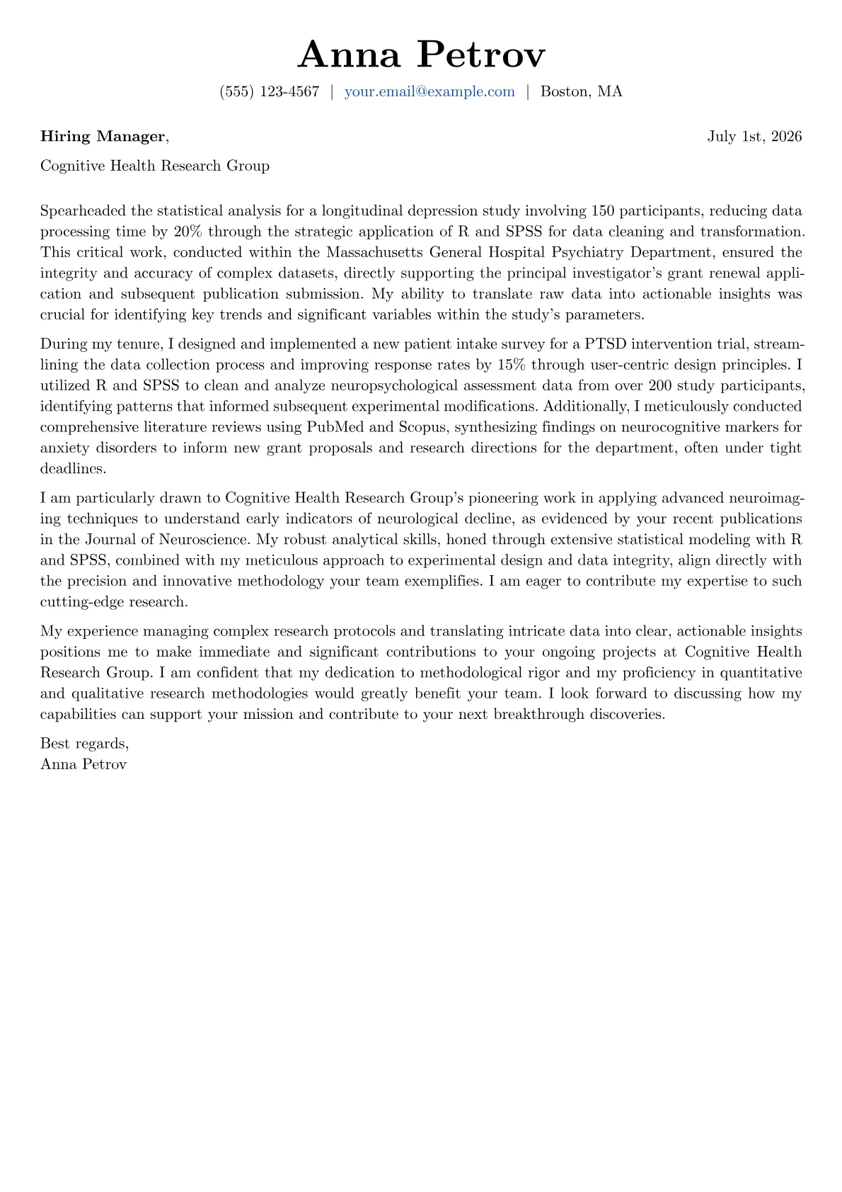 Research Assistant cover letter formatted with a JobSprout template