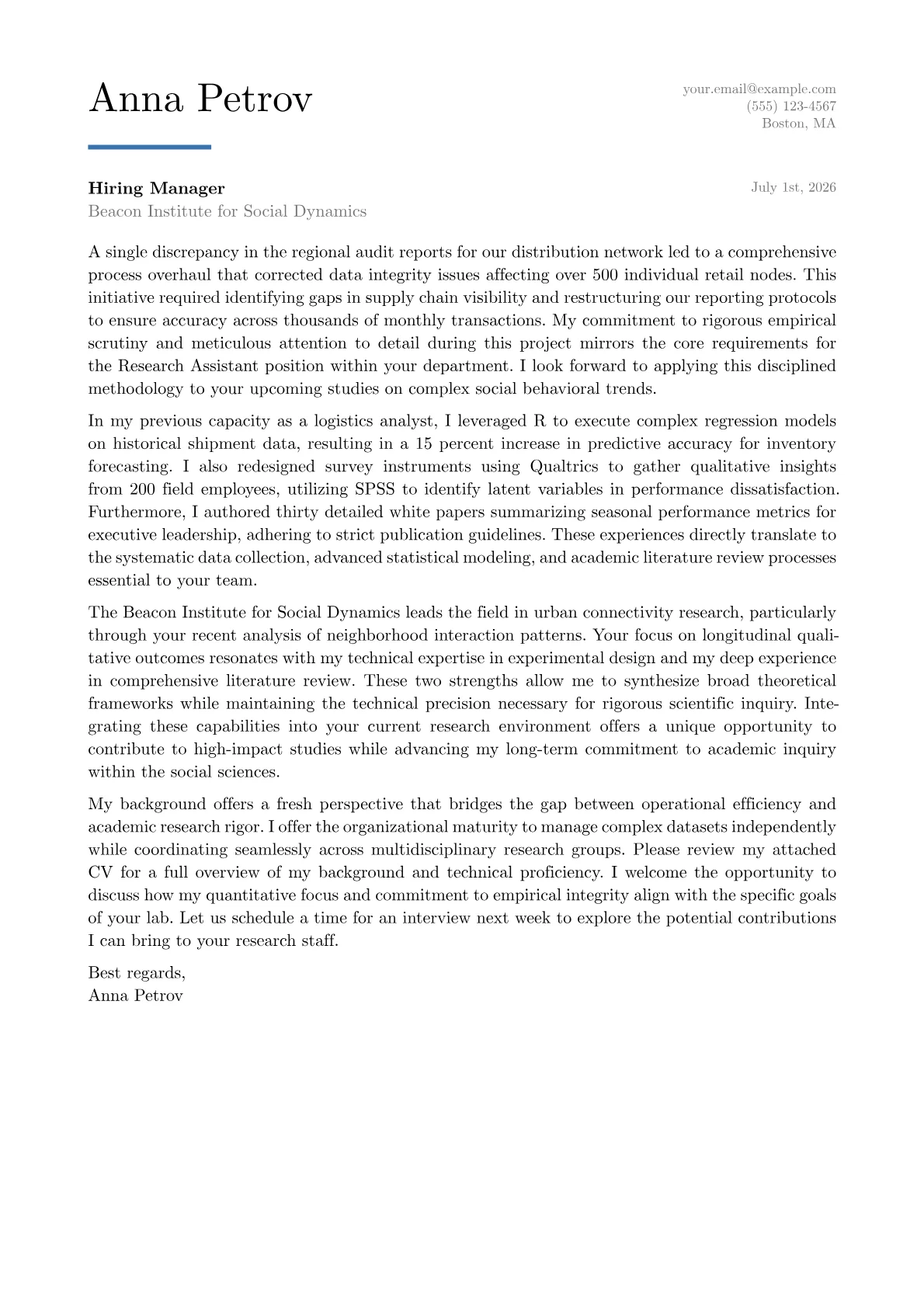 Research Assistant cover letter in the Executive design