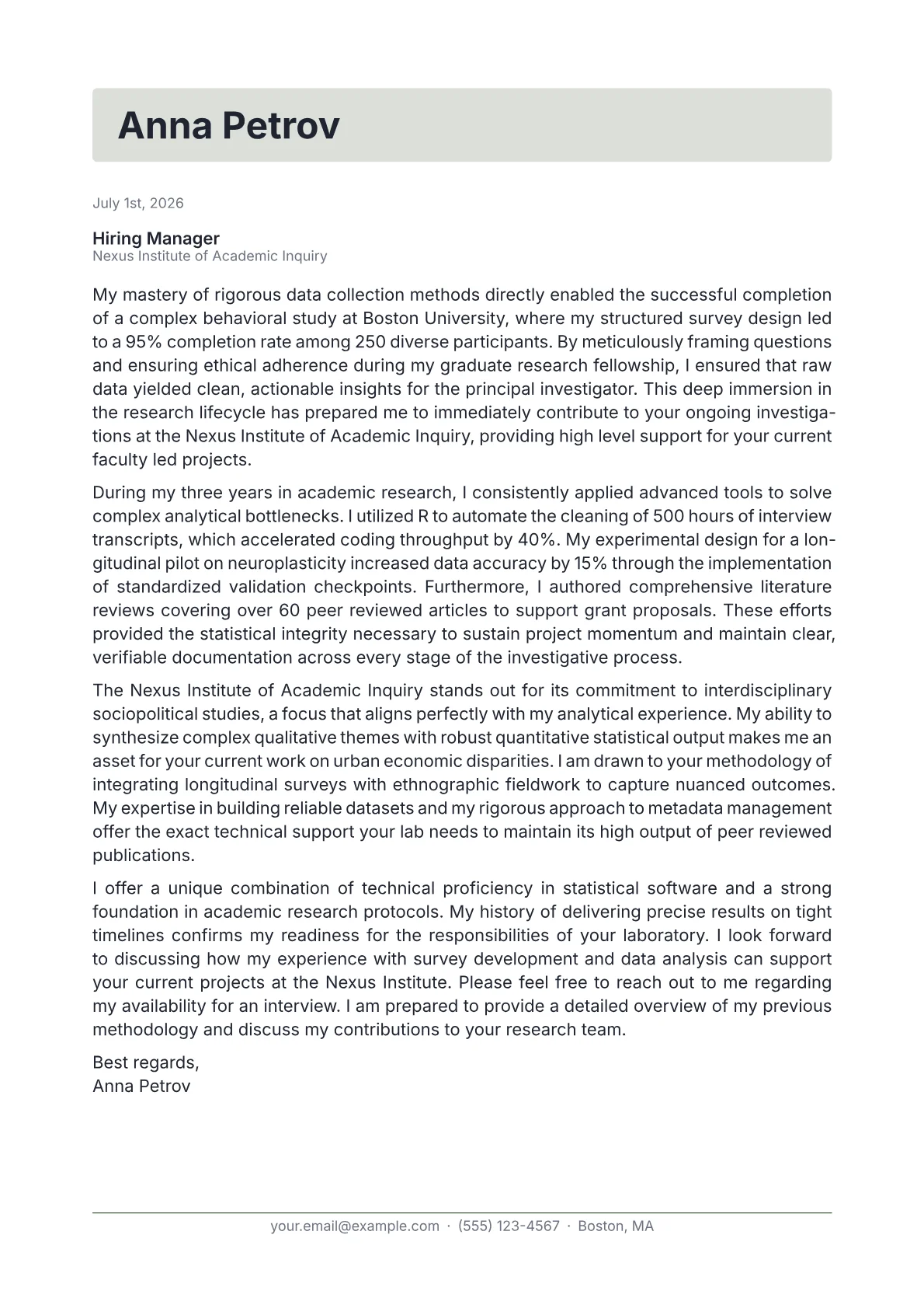 Research Assistant cover letter in the Letterhead design