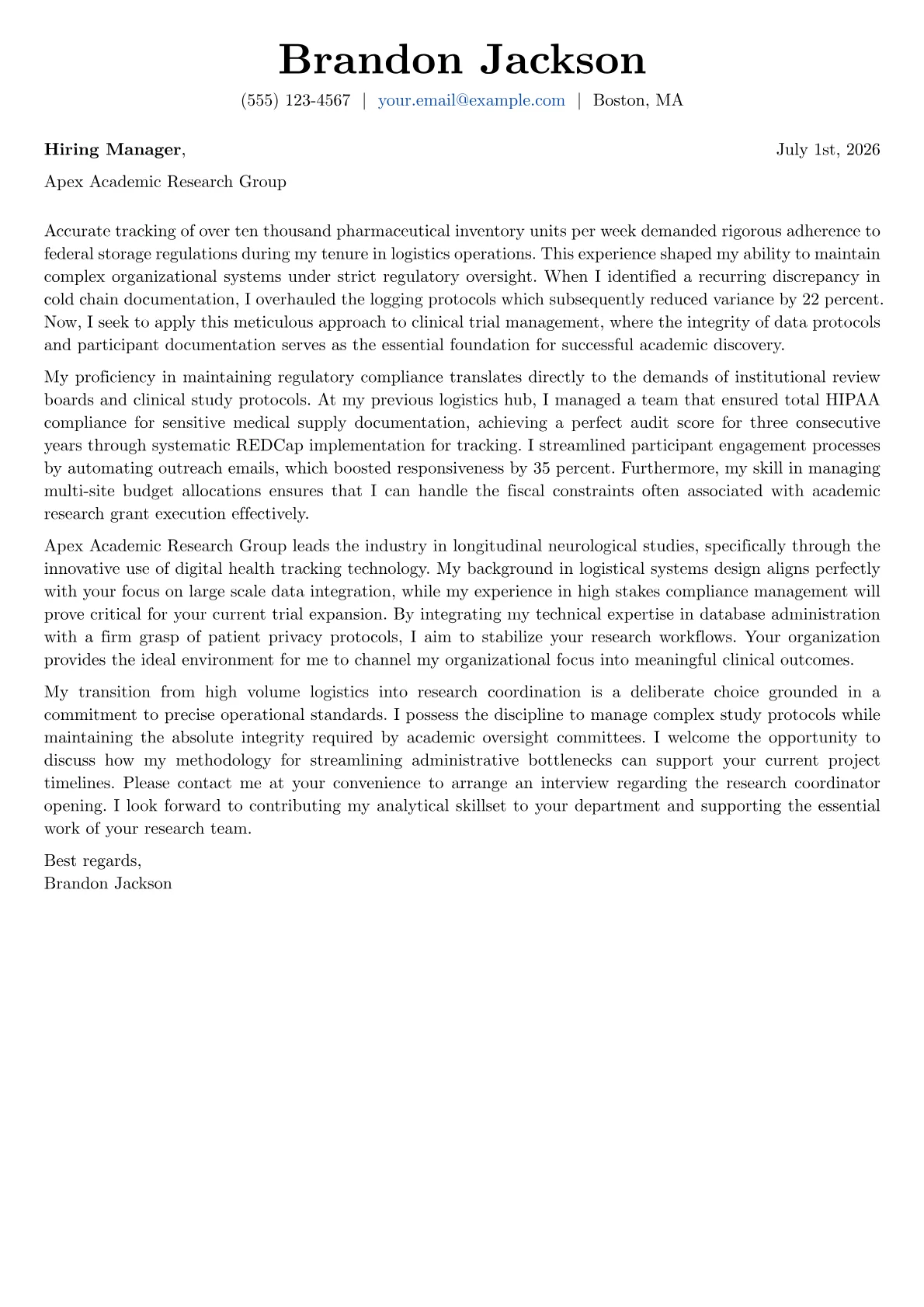 Research Coordinator cover letter in the Basic design