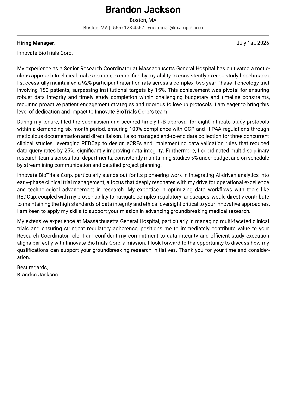 Research Coordinator cover letter formatted with a JobSprout template