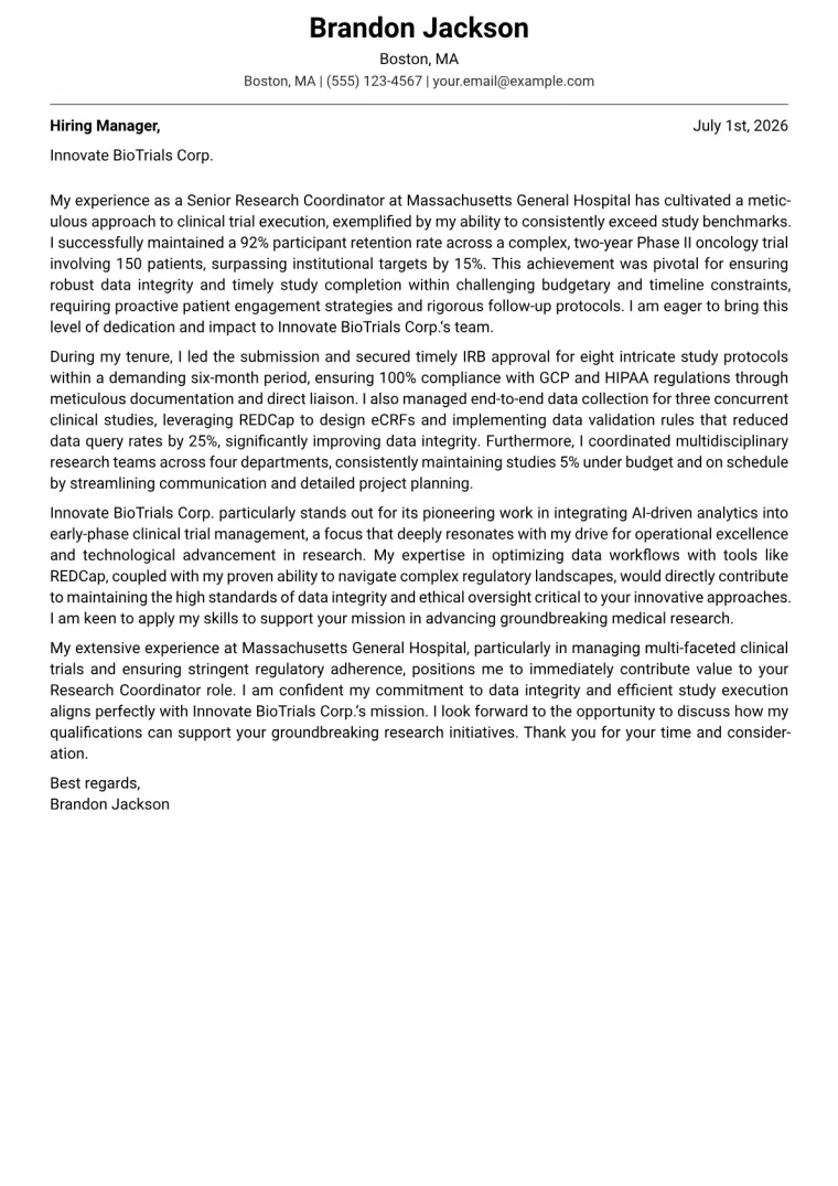 Research Coordinator cover letter example