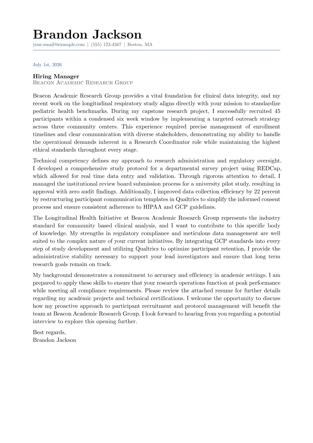 Research Coordinator cover letter in the Classic design